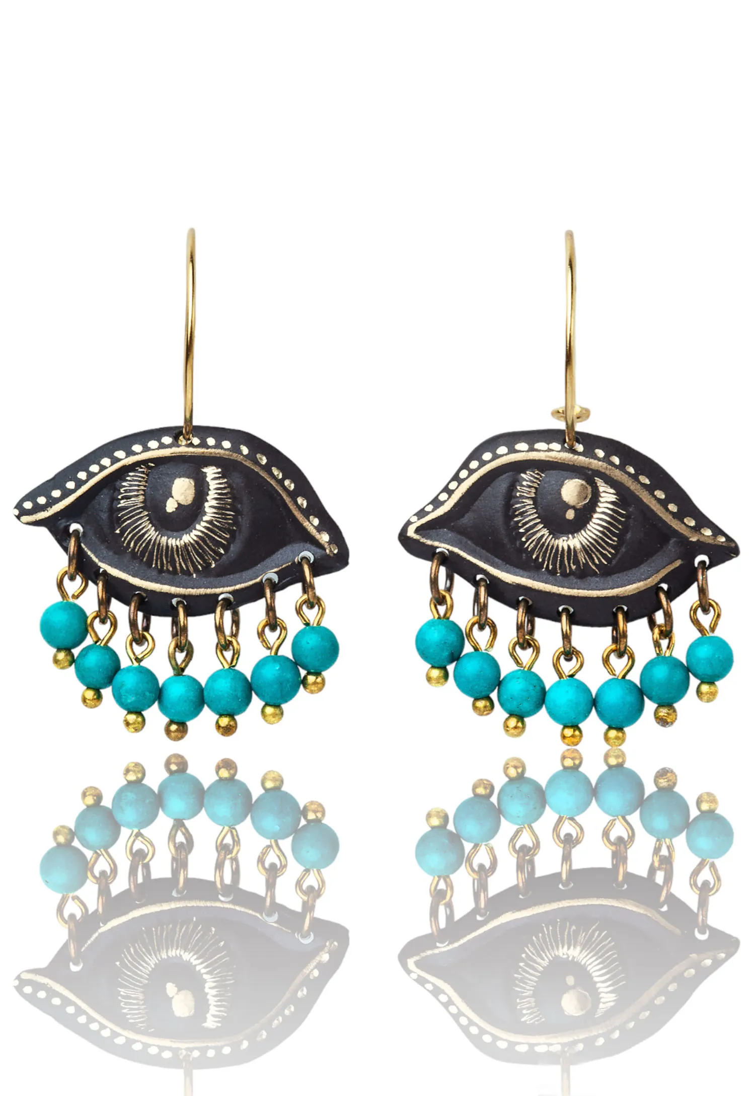 Handmade Jewellery | Eyes engraved bronze and silver earrings with turquoise main