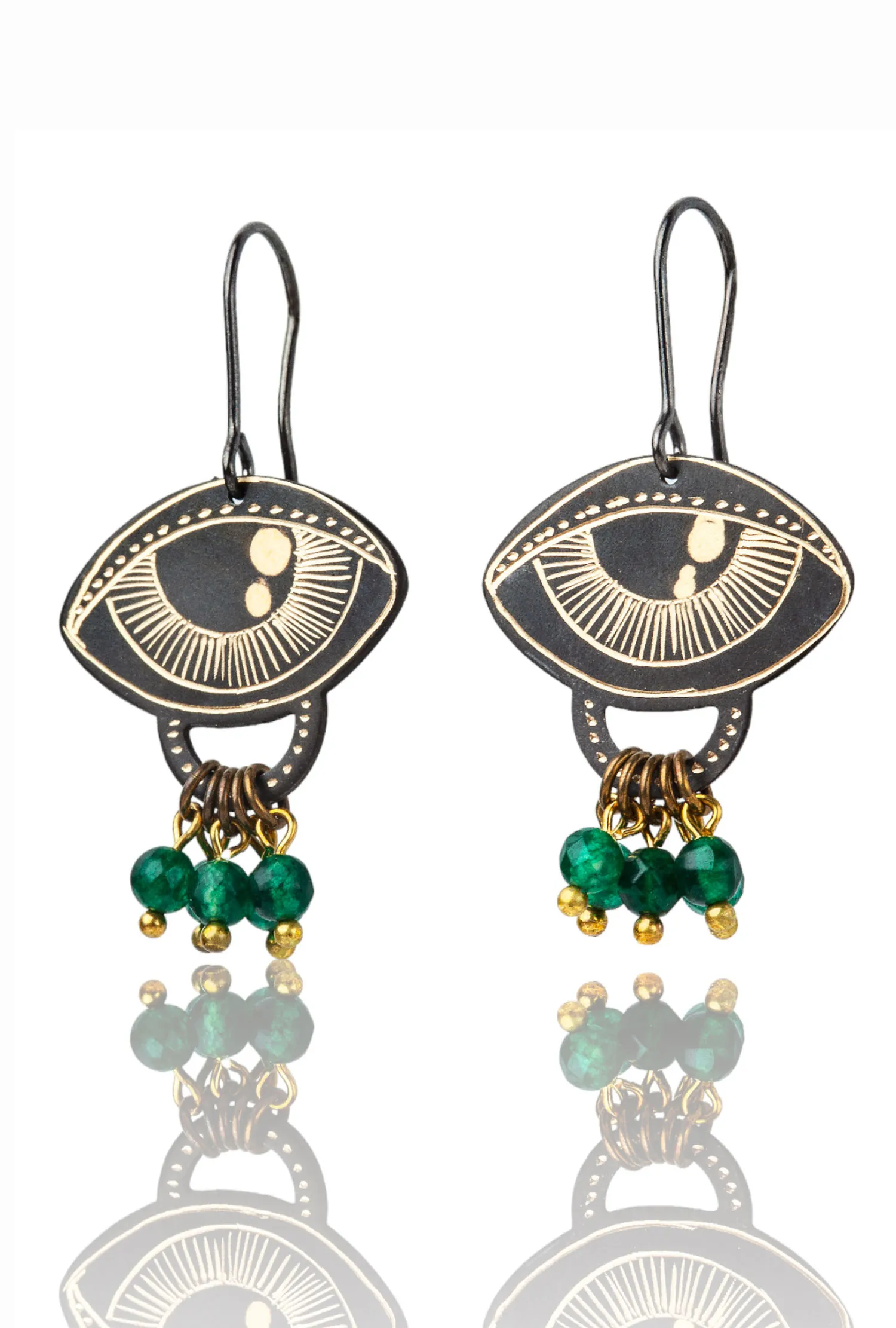 Handmade Jewellery | Eyes engraved bronze and silver earrings with green agate gallery 3