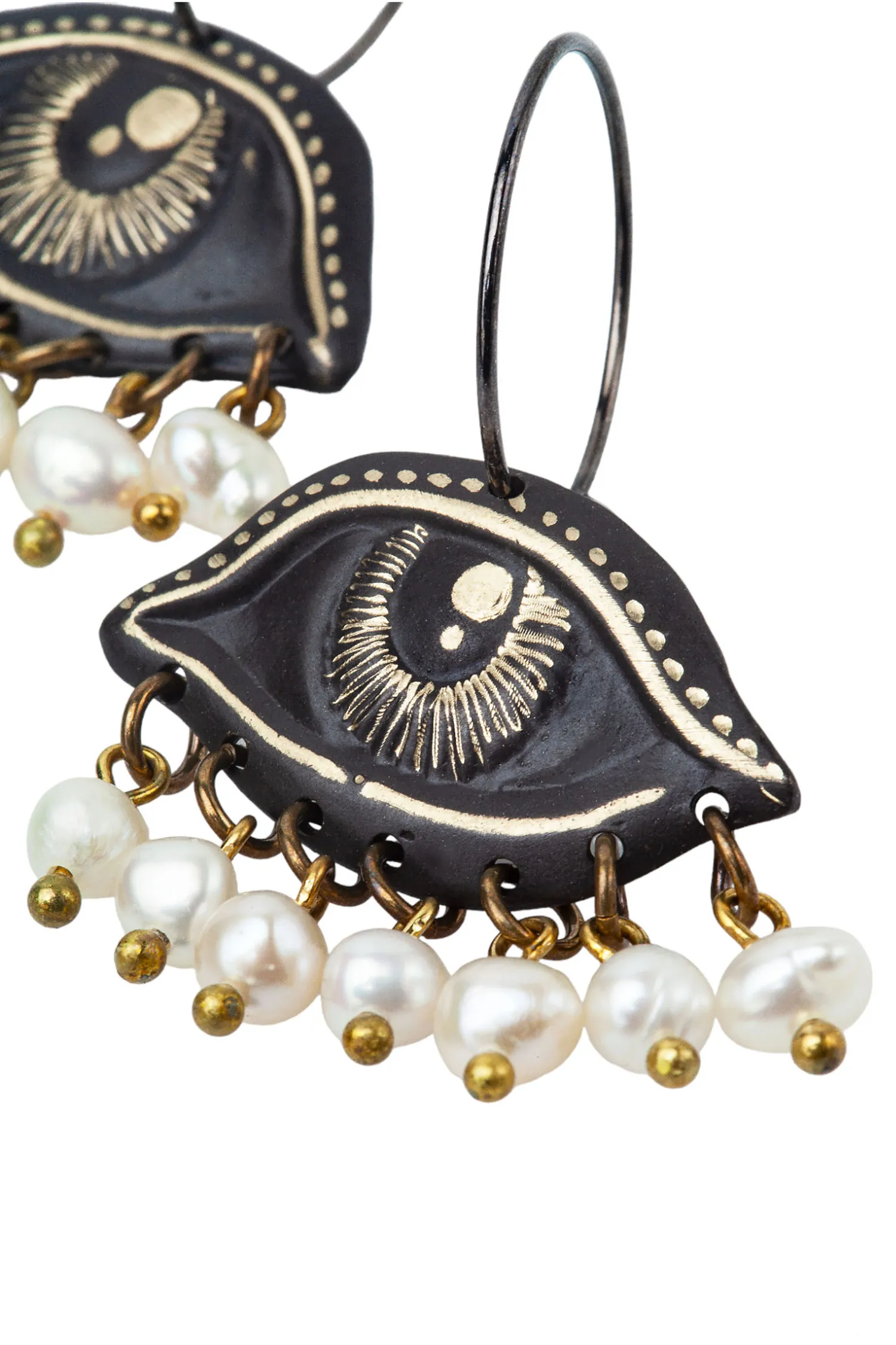 Handmade Jewellery | Eyes engraved bronze & silver earrings with pearls gallery 2