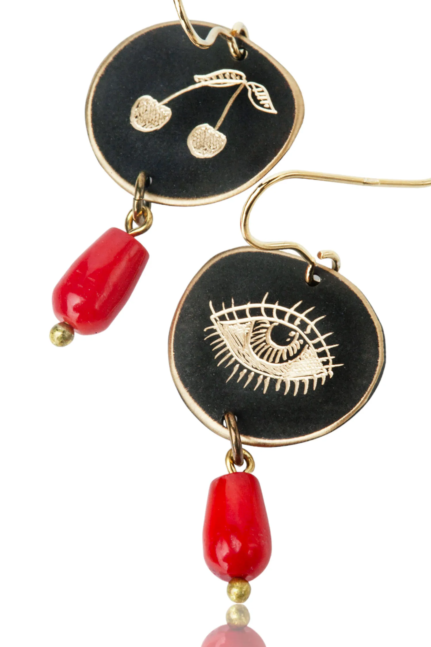 Handmade Jewellery | Eye & Cherry engraved bronze and silver earrings with corals gallery 2