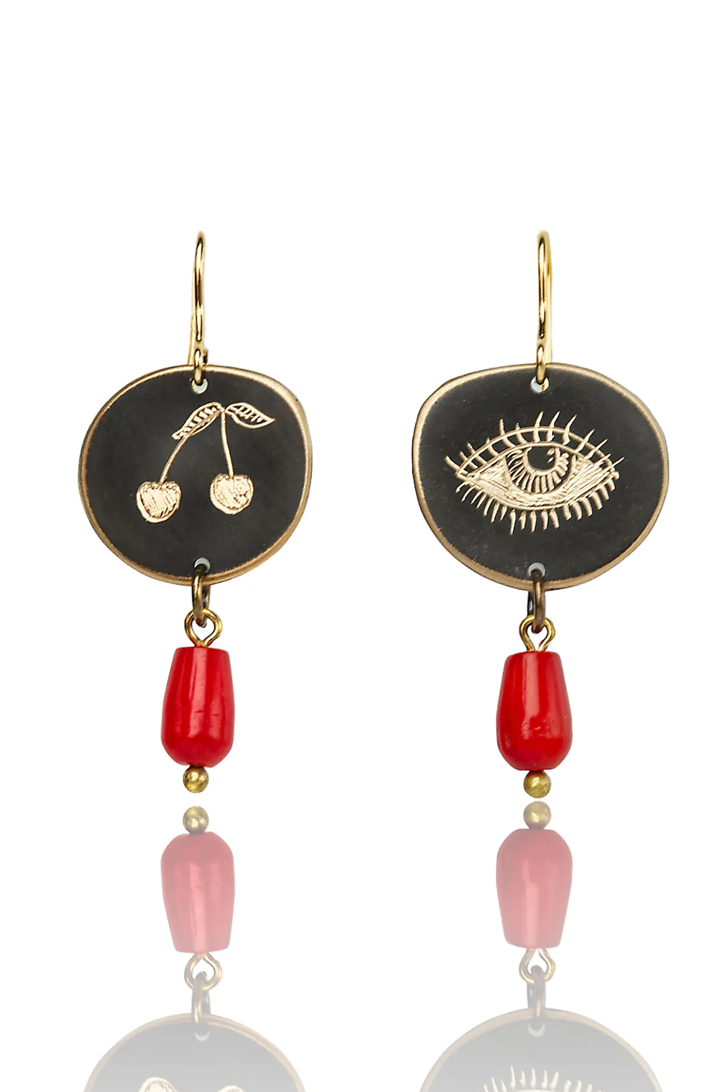 Handmade Jewellery | Eye & Cherry engraved bronze and silver earrings with corals main