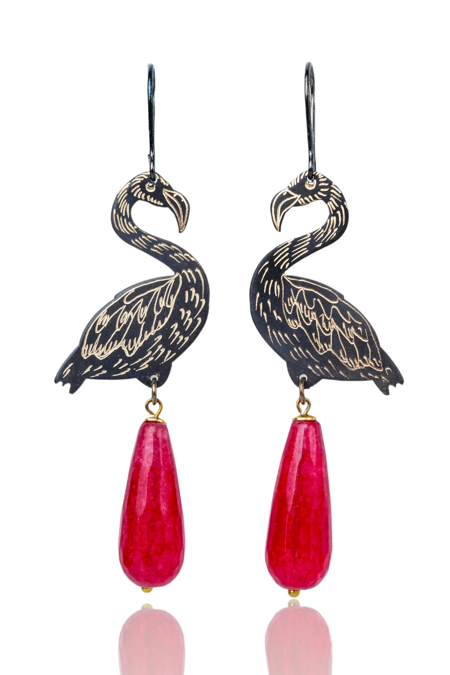 Handmade Jewellery | Flamingo engraved bronze and silver earrings main