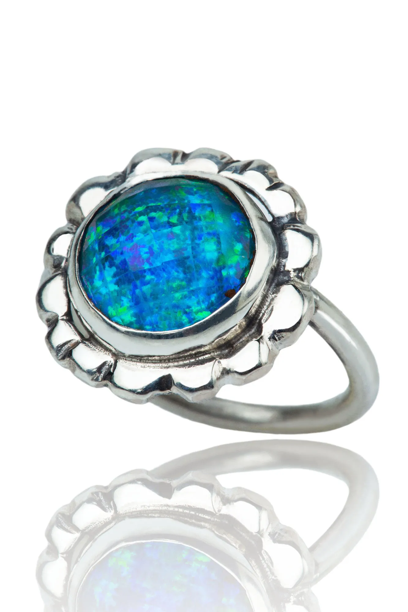 Opal handmade flower silver ring