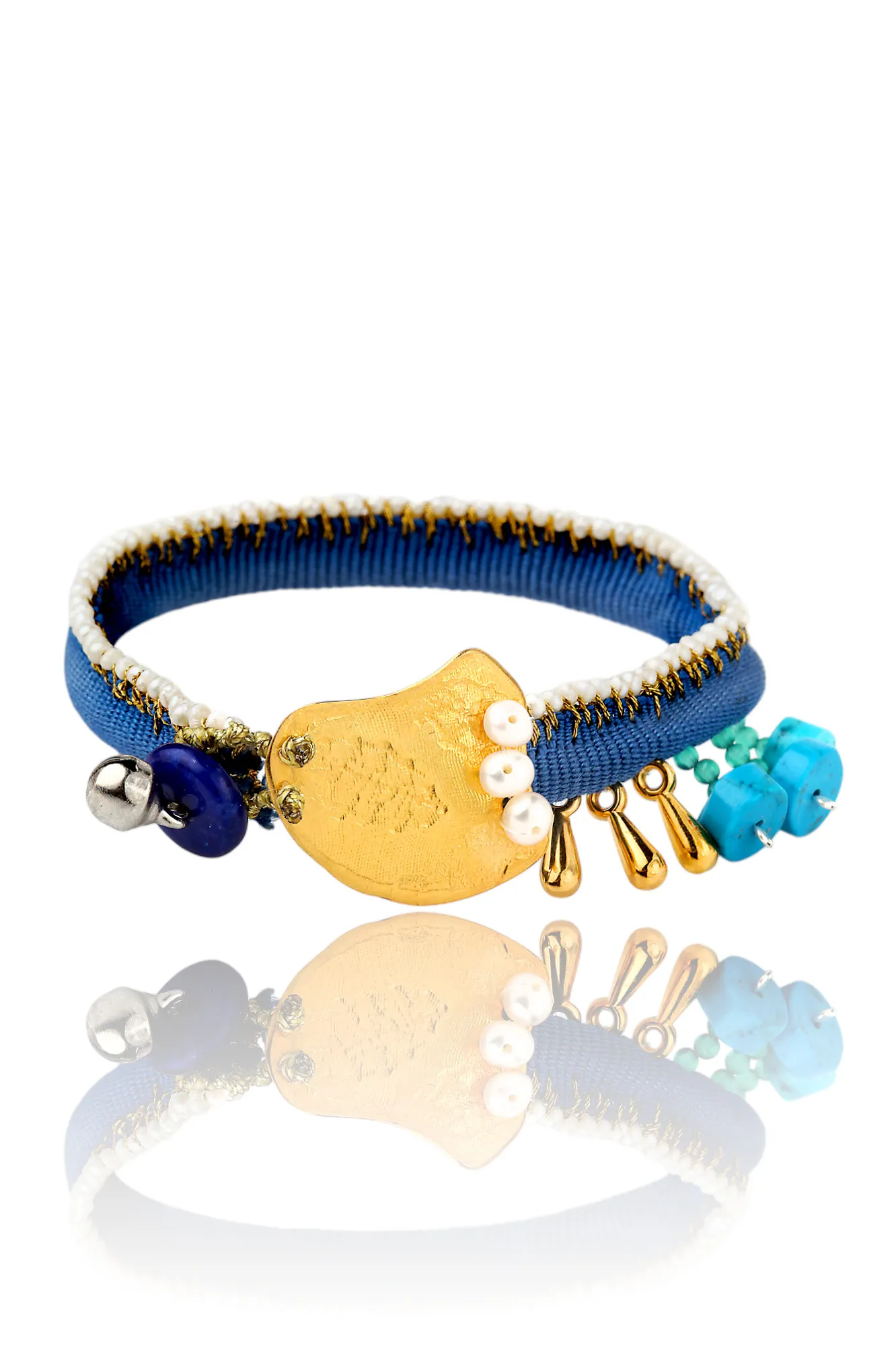 Handmade Jewellery | Gold plated silver bracelet with turquoise and fabrics main