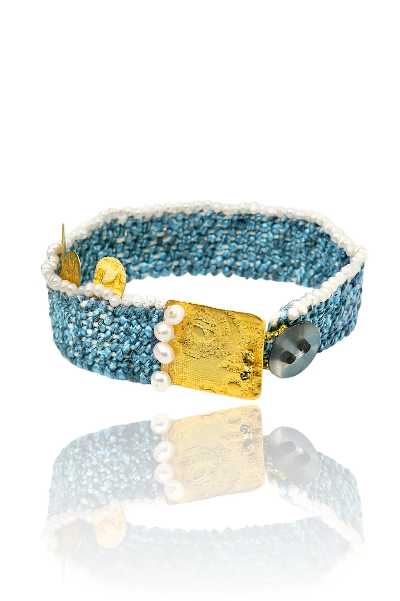 Handmade Jewellery | Woven bracelet with gold plated silver and pearls gallery 1