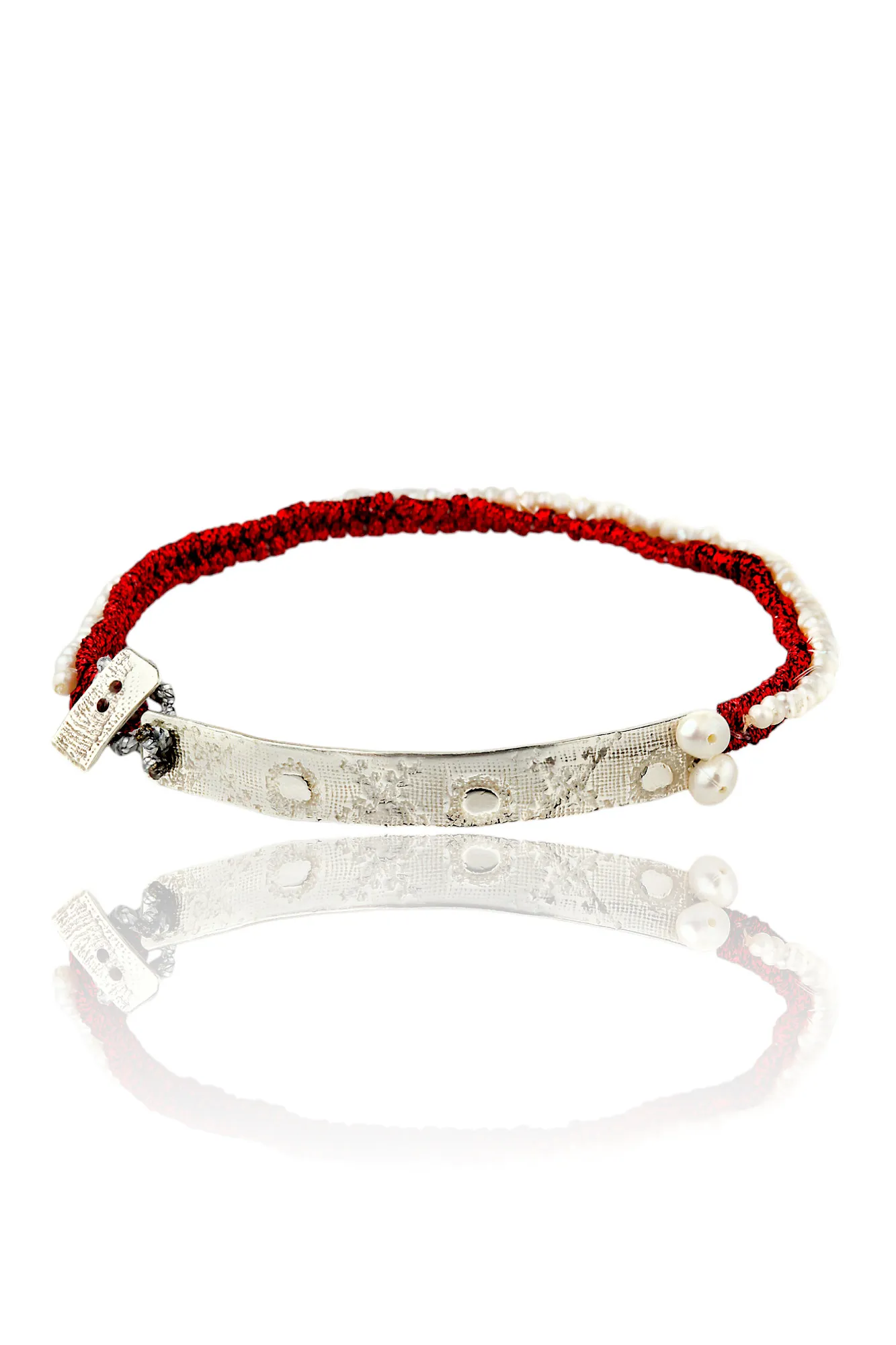 Woven red bracelet with silver and pearls