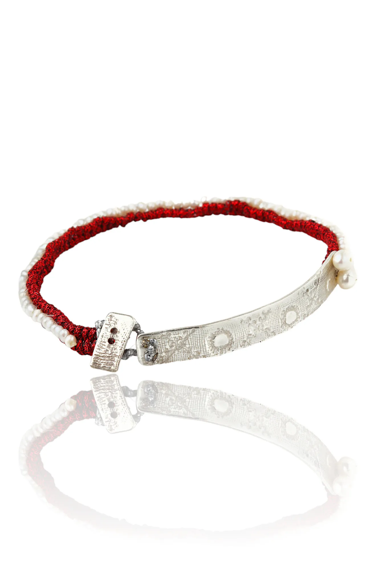 Handmade Jewellery | Woven red bracelet with silver and pearls gallery 1