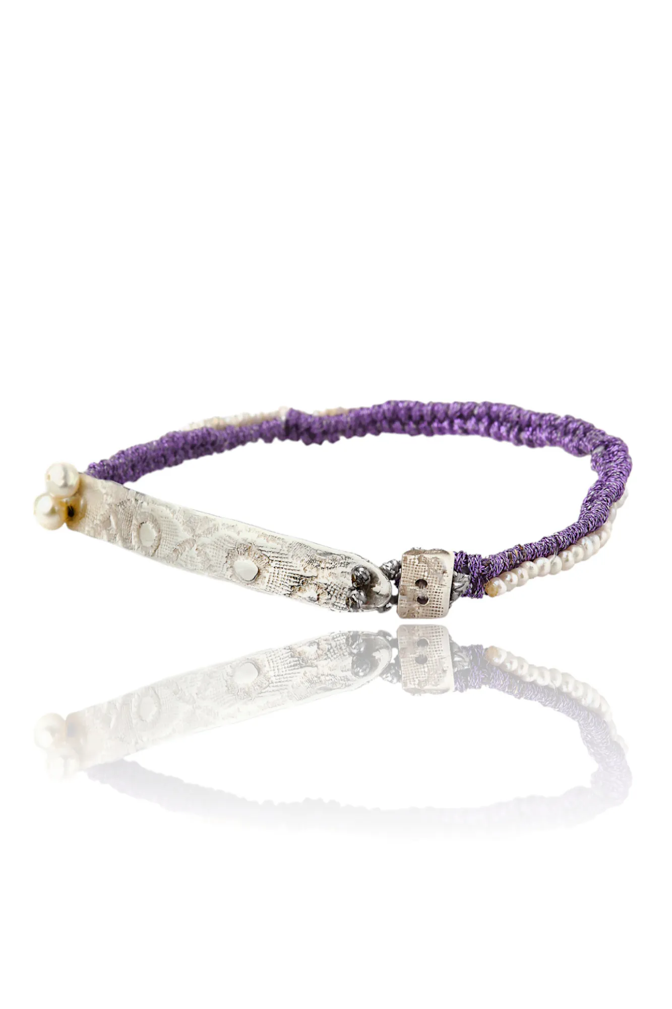 Handmade Jewellery | Woven purple bracelet with silver and pearls gallery 1