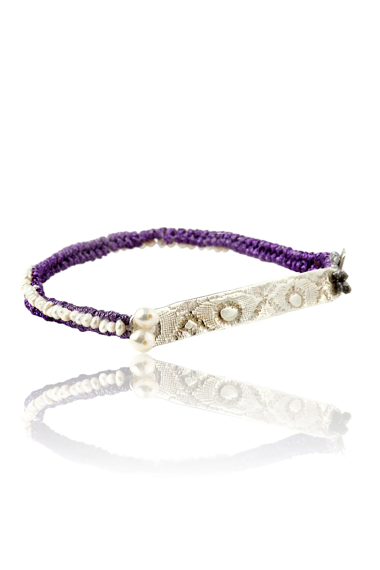 Handmade Jewellery | Woven purple bracelet with silver and pearls main