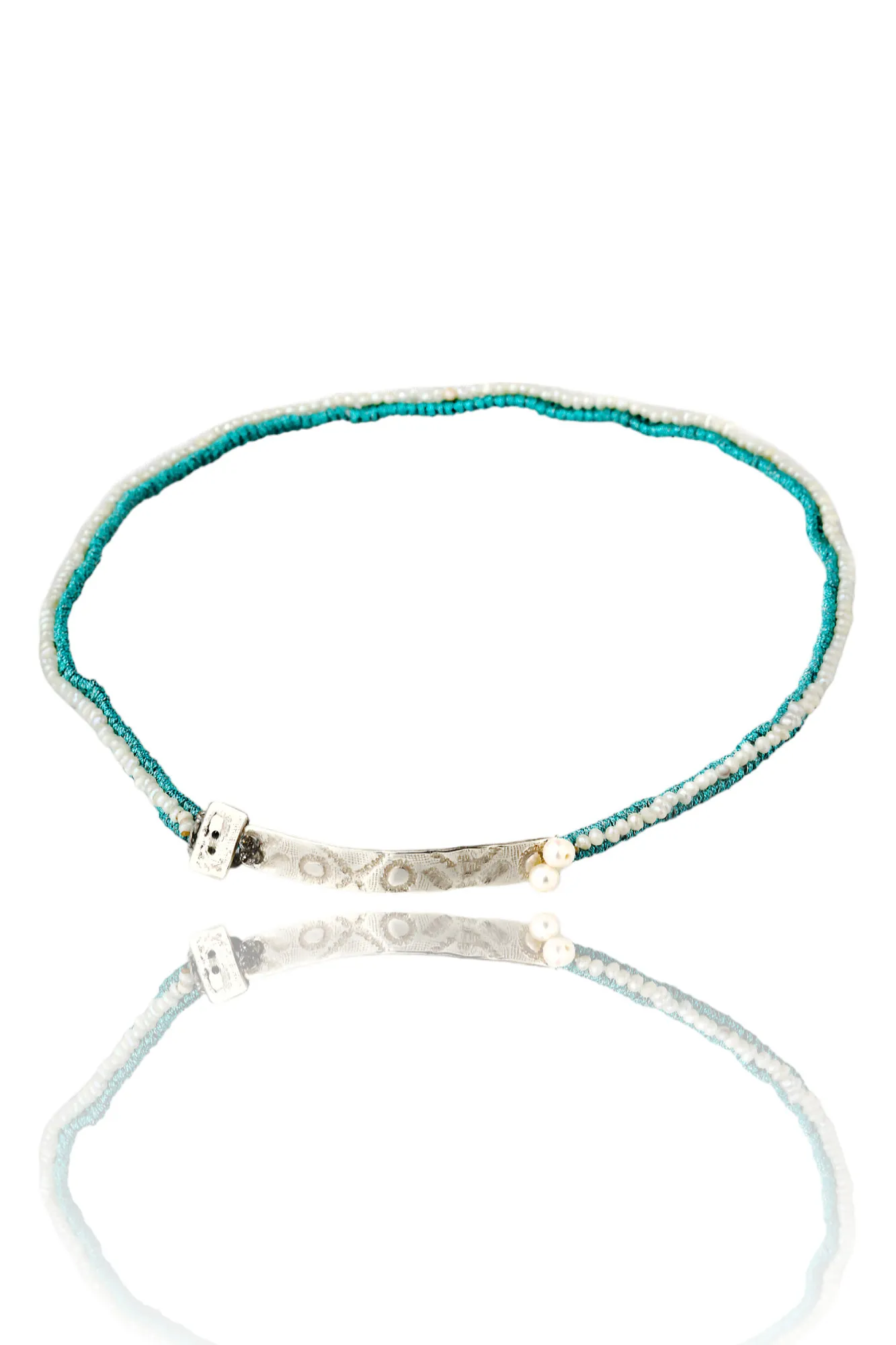 Woven turquoise necklace & bracelet with silver and pearls