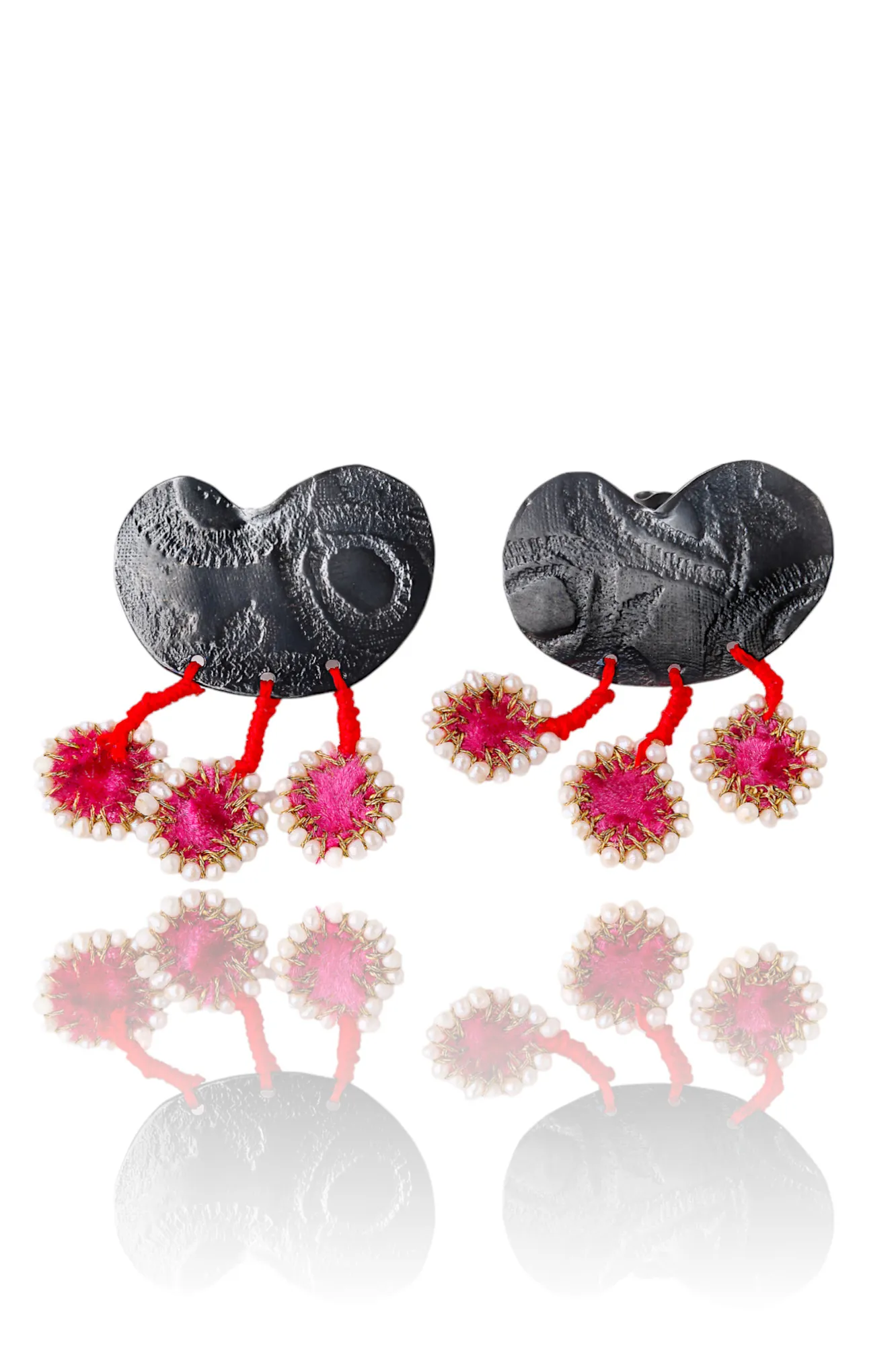 Textured silver black plated earrings with pink velvet and pearls