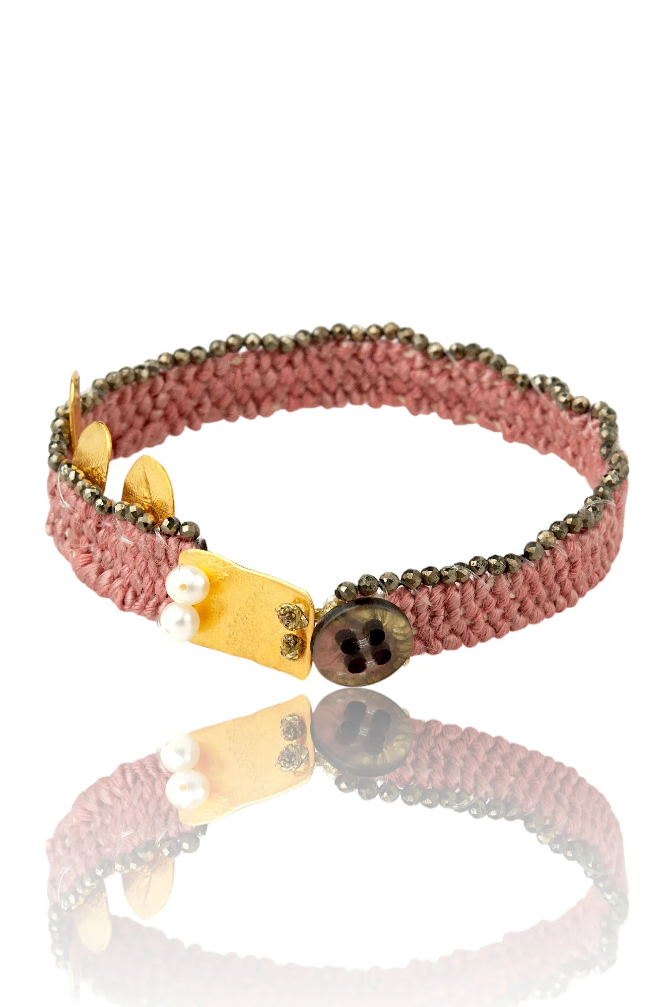 Handmade Jewellery | Woven pink bracelet with gold plated silver and pyrite main