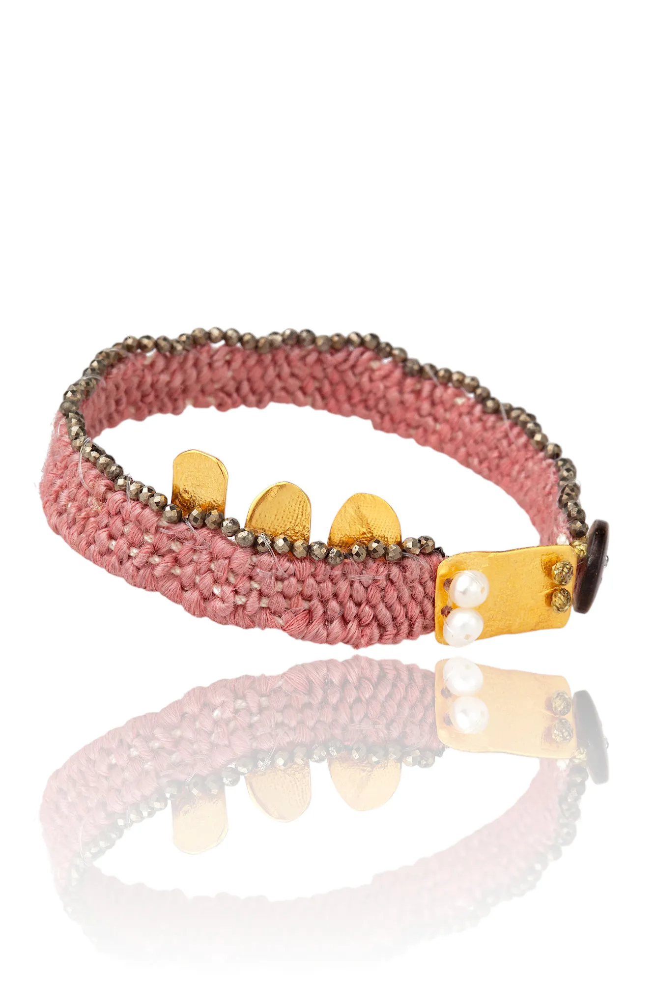 Handmade Jewellery | Woven pink bracelet with gold plated silver and pyrite gallery 2