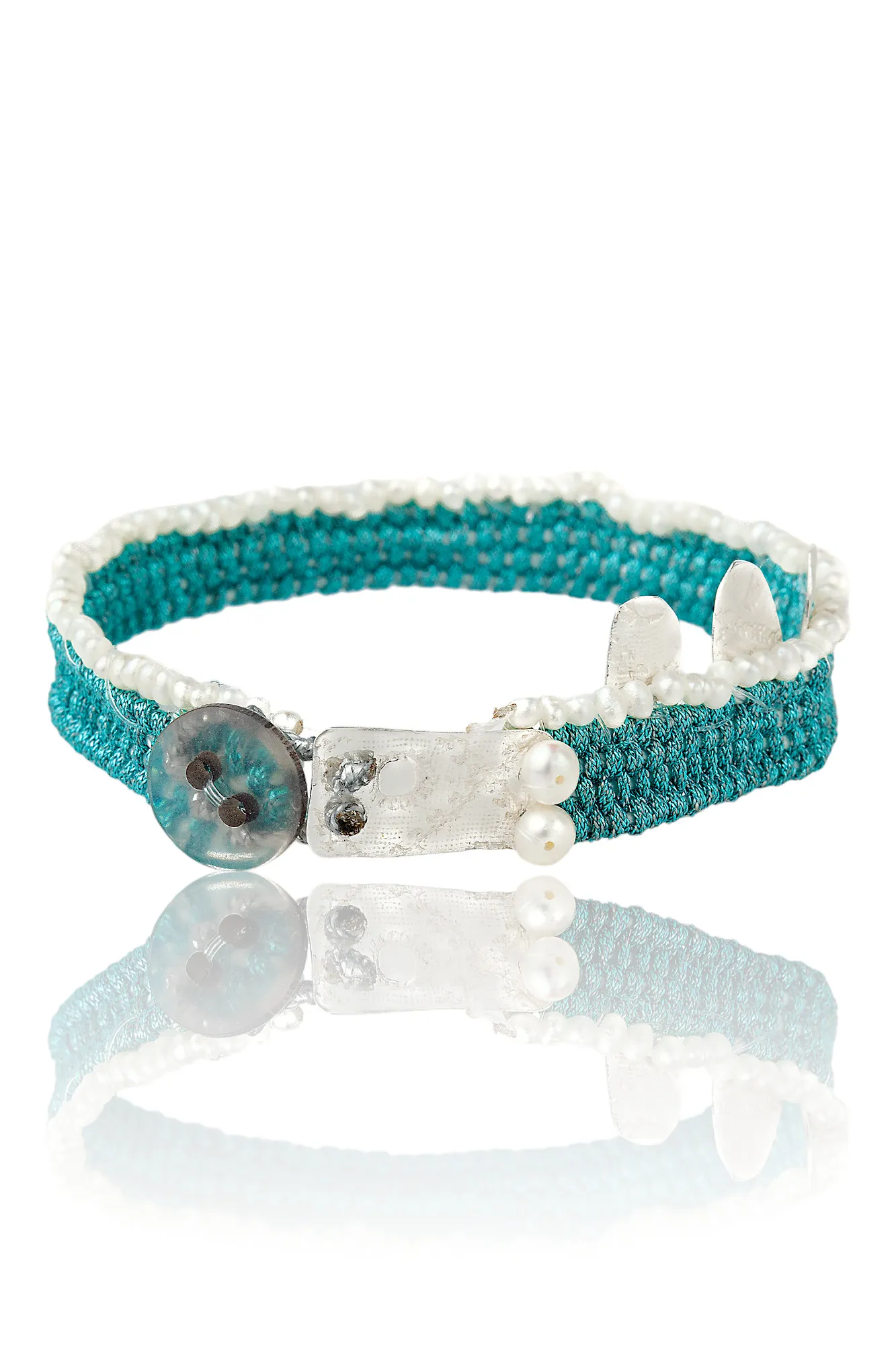 Handmade Jewellery | Woven turquoises bracelet with silver and pearls main