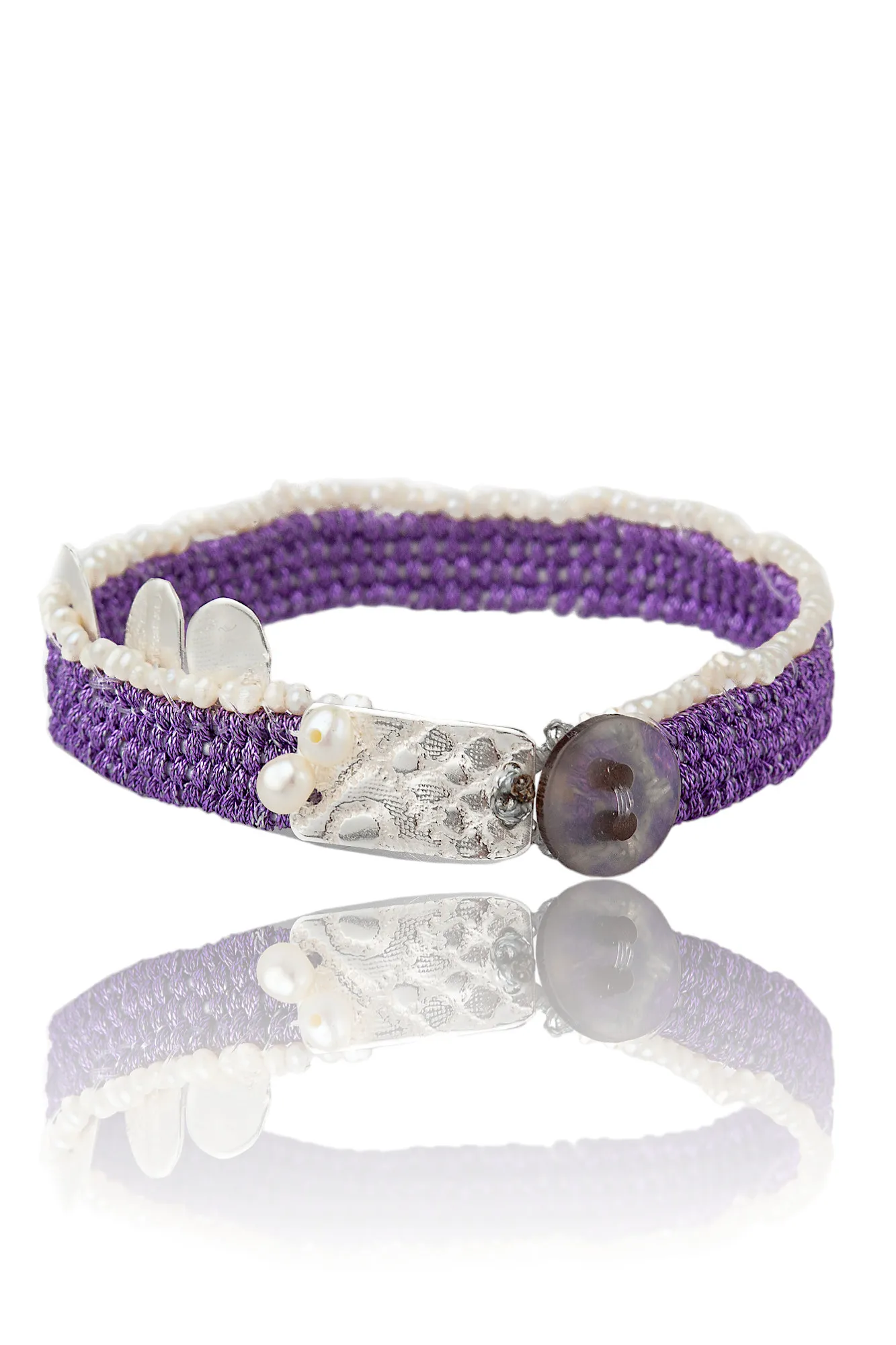 Woven purple bracelet with silver and pearls