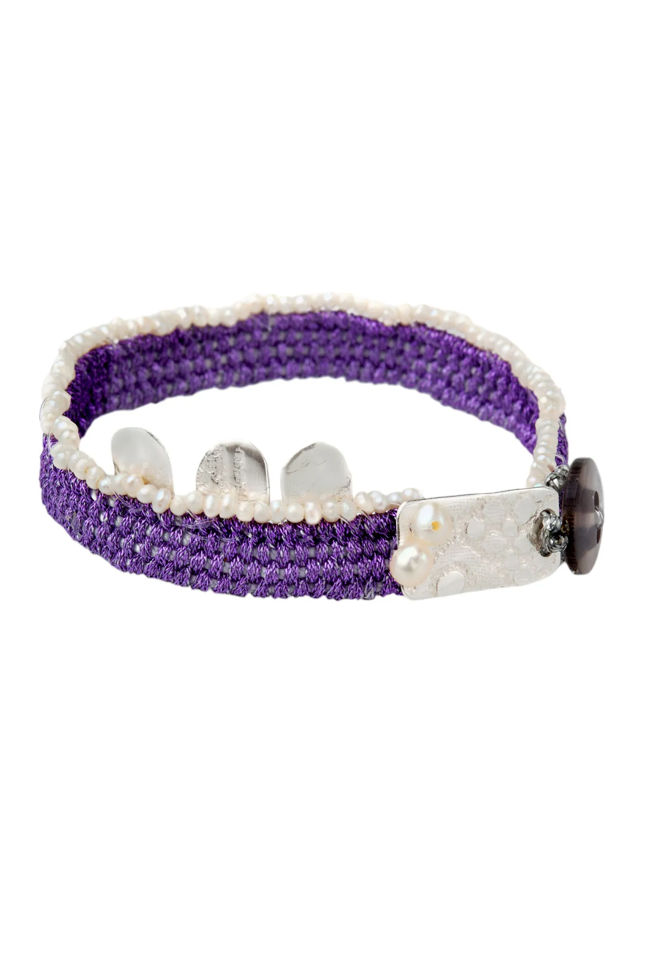 Handmade Jewellery | Woven purple bracelet with silver and pearls gallery 2