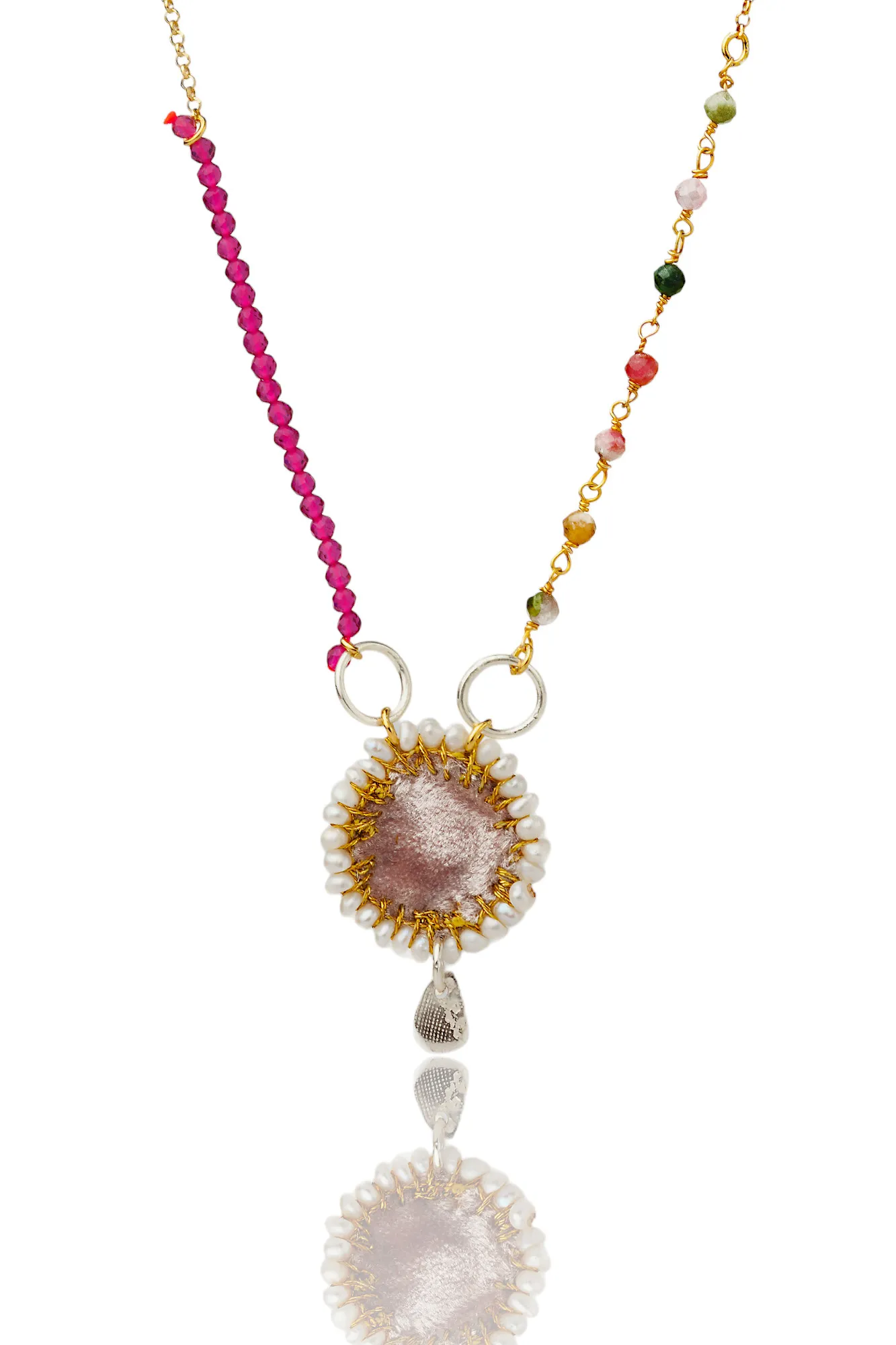 Handmade Jewellery | Gold plated silver necklace with velvet and tourmaline gallery 1