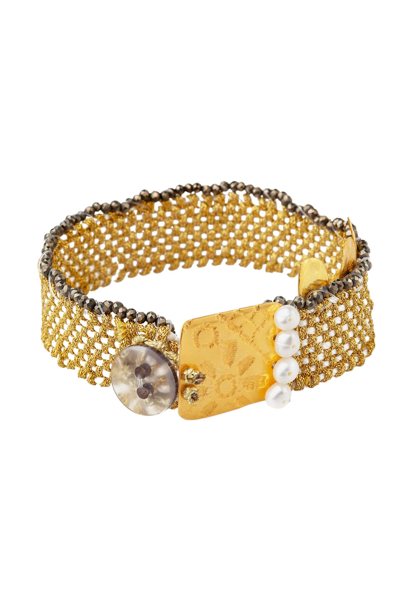 Handmade Jewellery | Woven bracelet with gold plated silver and pyrite gallery 2