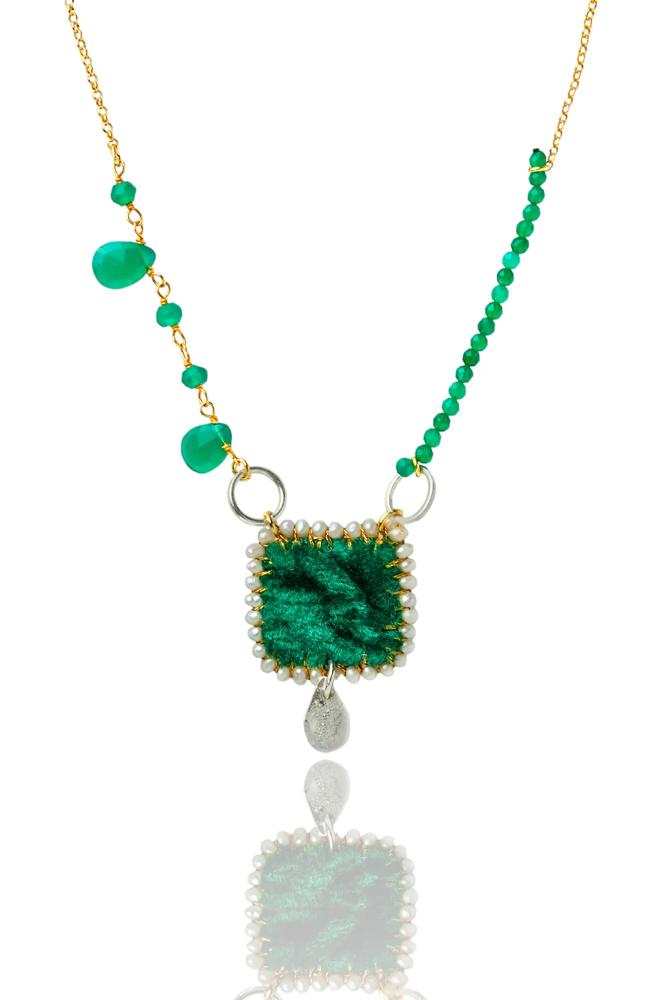 Handmade Jewellery | Gold plated silver necklace with velvet, pearls and green agate main