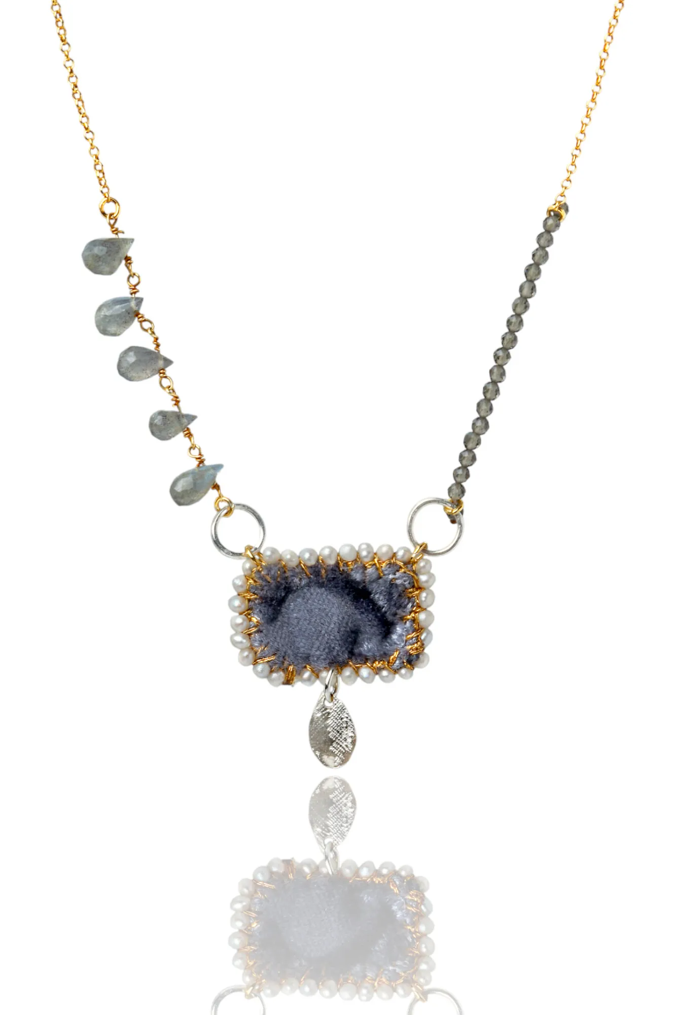 Handmade Jewellery | Gold plated silver necklace with velvet and labradorite main