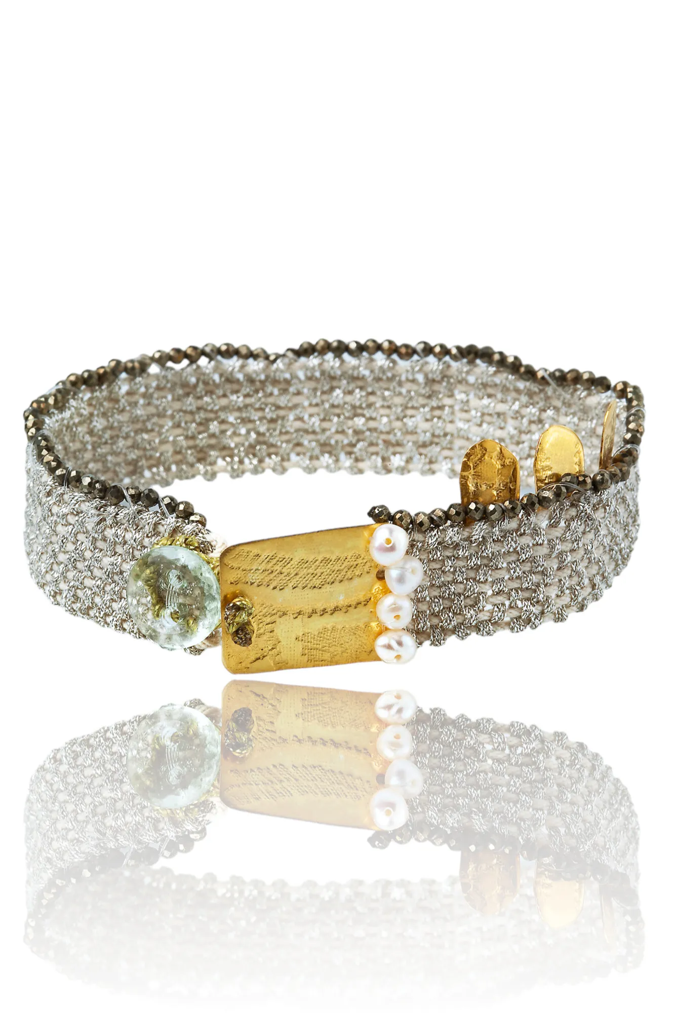 Woven bracelet with gold plated silver and pyrite