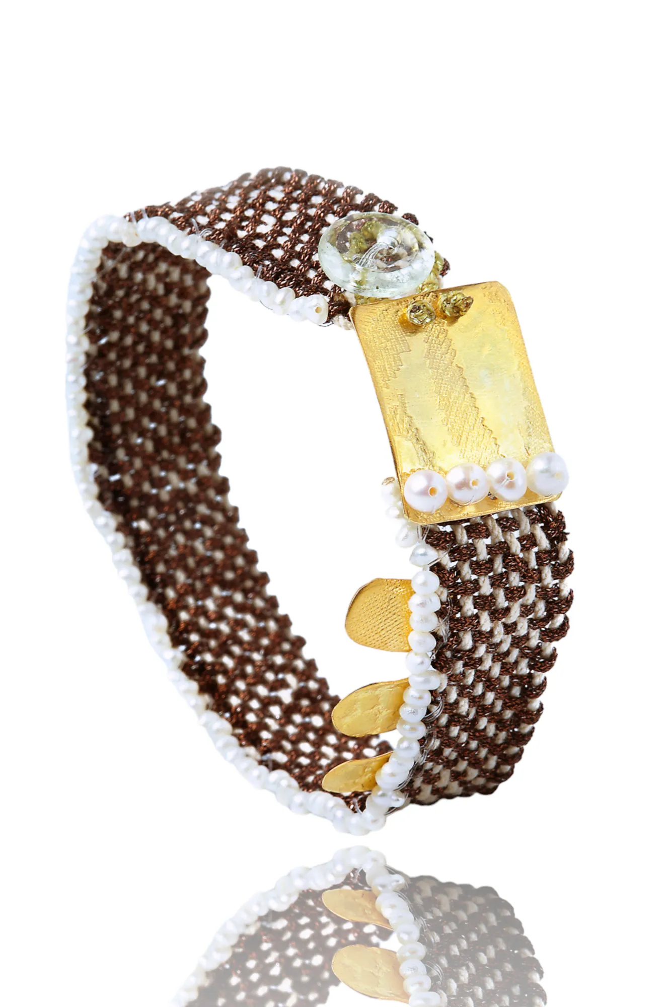 Handmade Jewellery | Woven bracelet with gold plated silver and pearls gallery 1