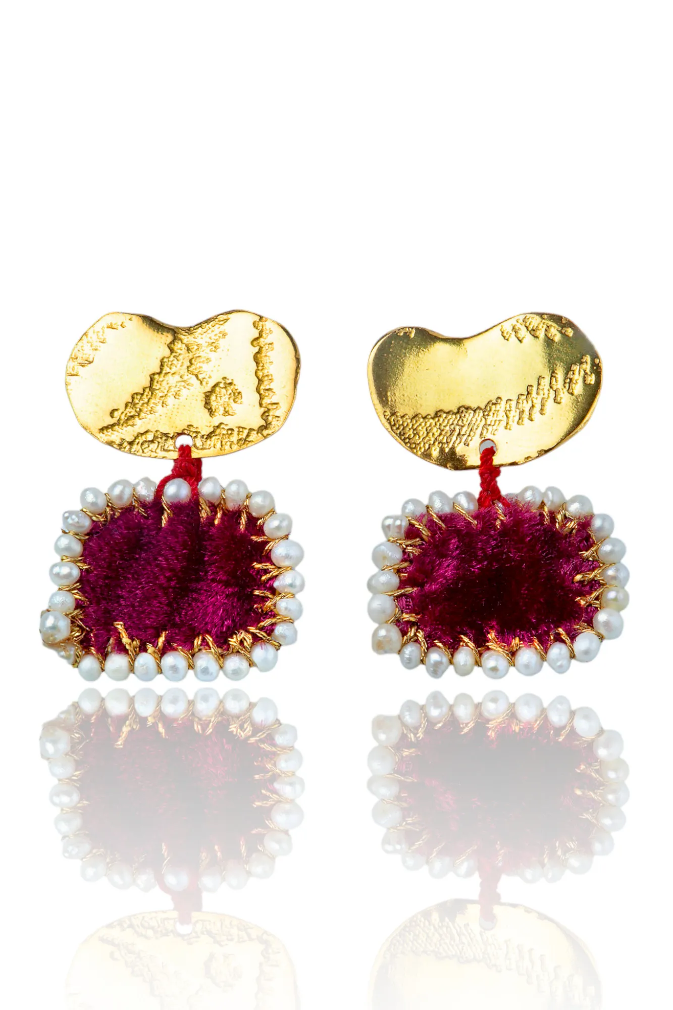 Textured gold plated silver earrings with burgundy velvet fabric and pearls