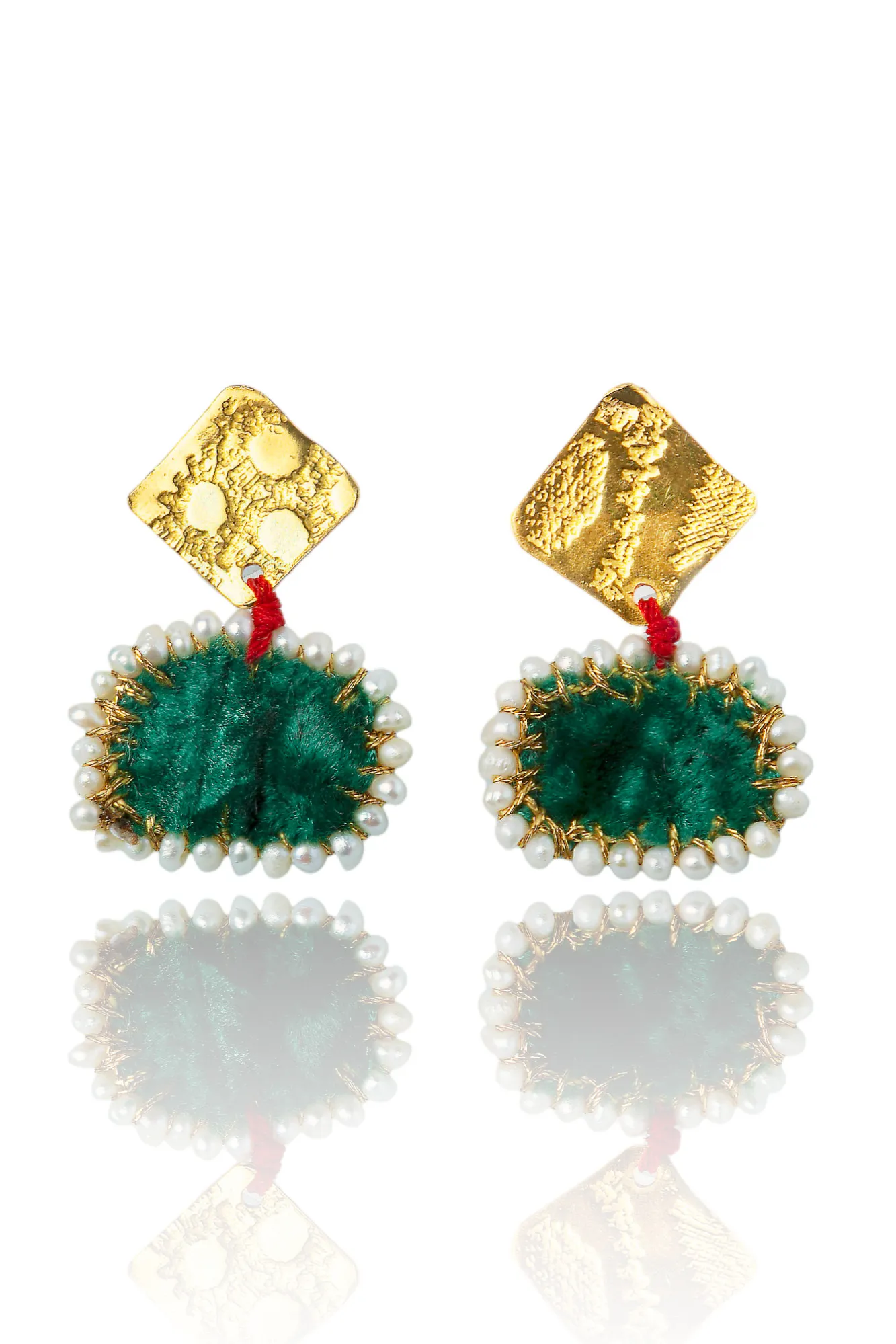 Textured gold plated silver earrings with green velvet and pearls