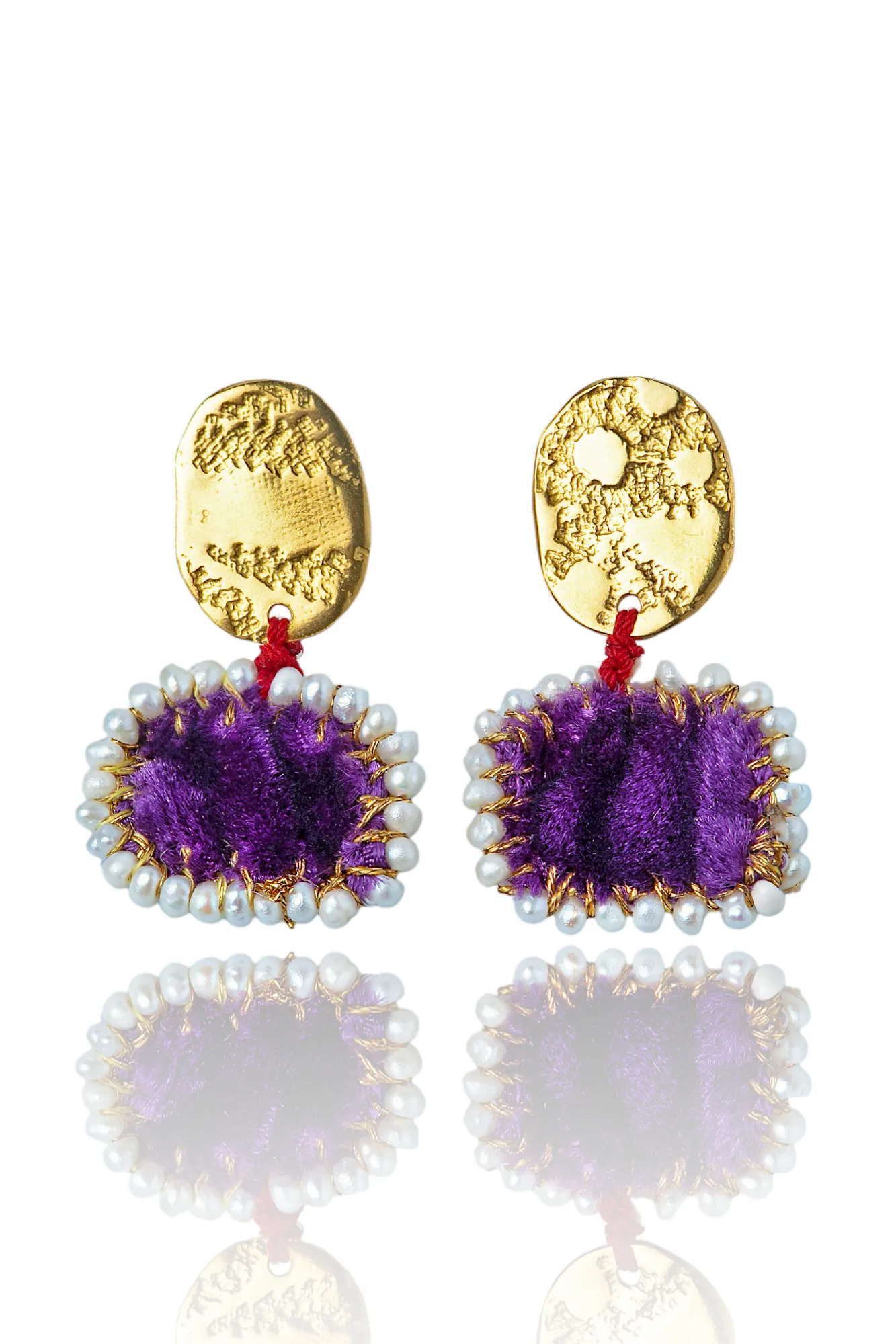 Textured gold plated silver earrings with purple velvet and pearls