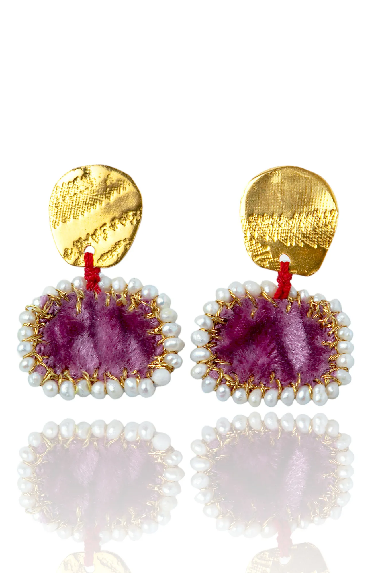 Handmade Jewellery | Textured gold plated silver earrings with lilac velvet and pearls main