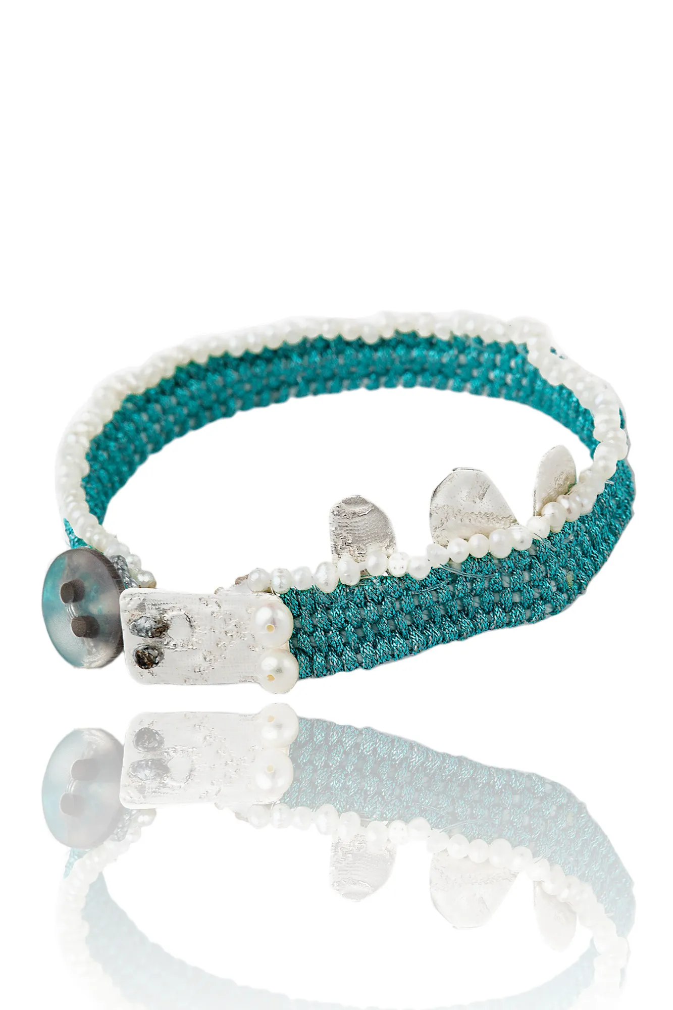 Handmade Jewellery | Woven turquoises bracelet with silver and pearls gallery 2