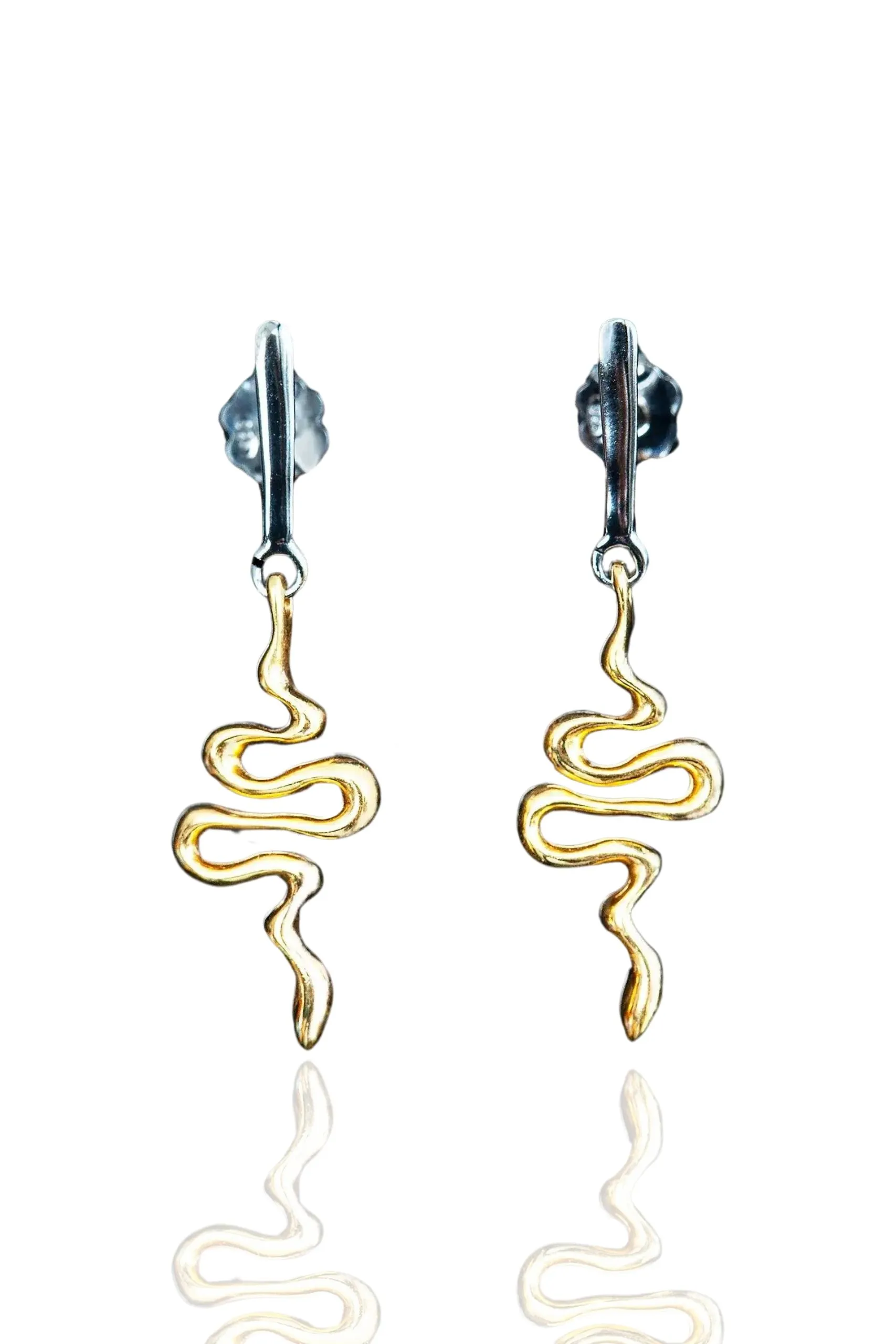 Handmade Jewellery | Snakes gold and black rhodium plated silver earrings main