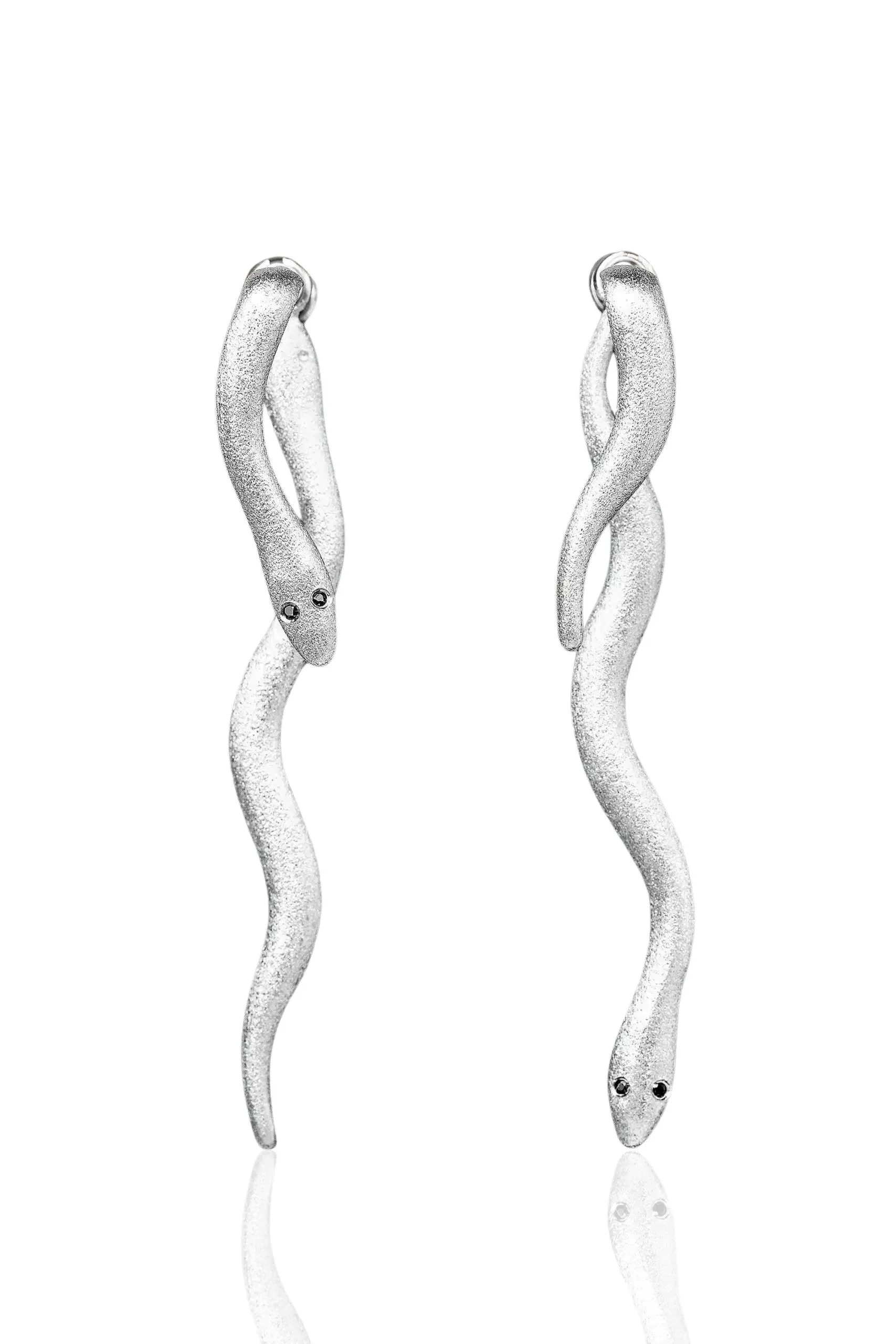 Handmade Jewellery | Snakes unique long silver earrings with black zircon main