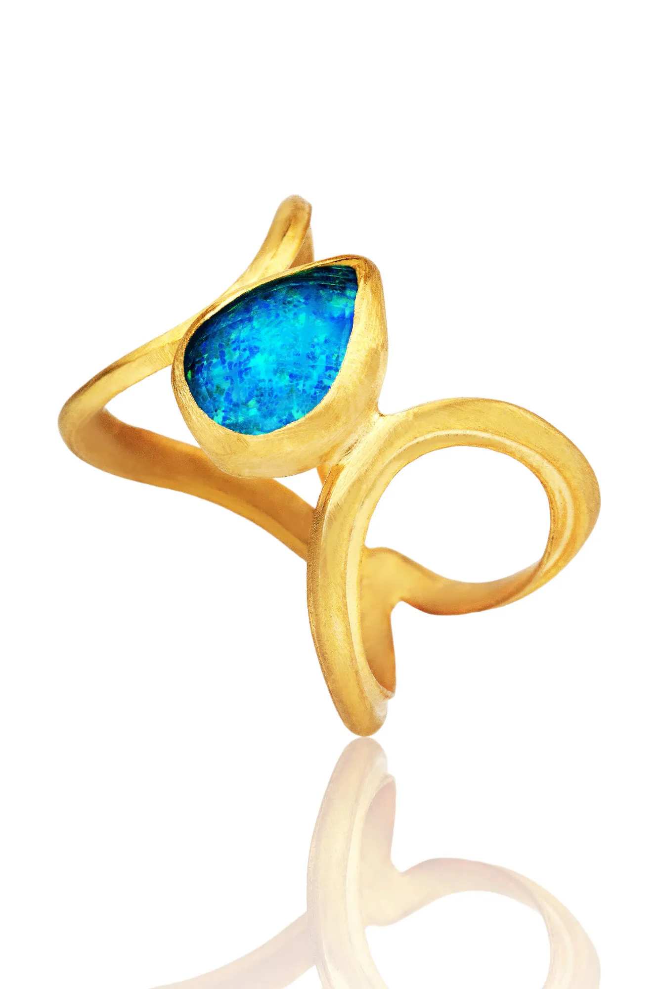 Handmade Jewellery | Paisley handmade gold plated silver ring with blue opal gallery 3