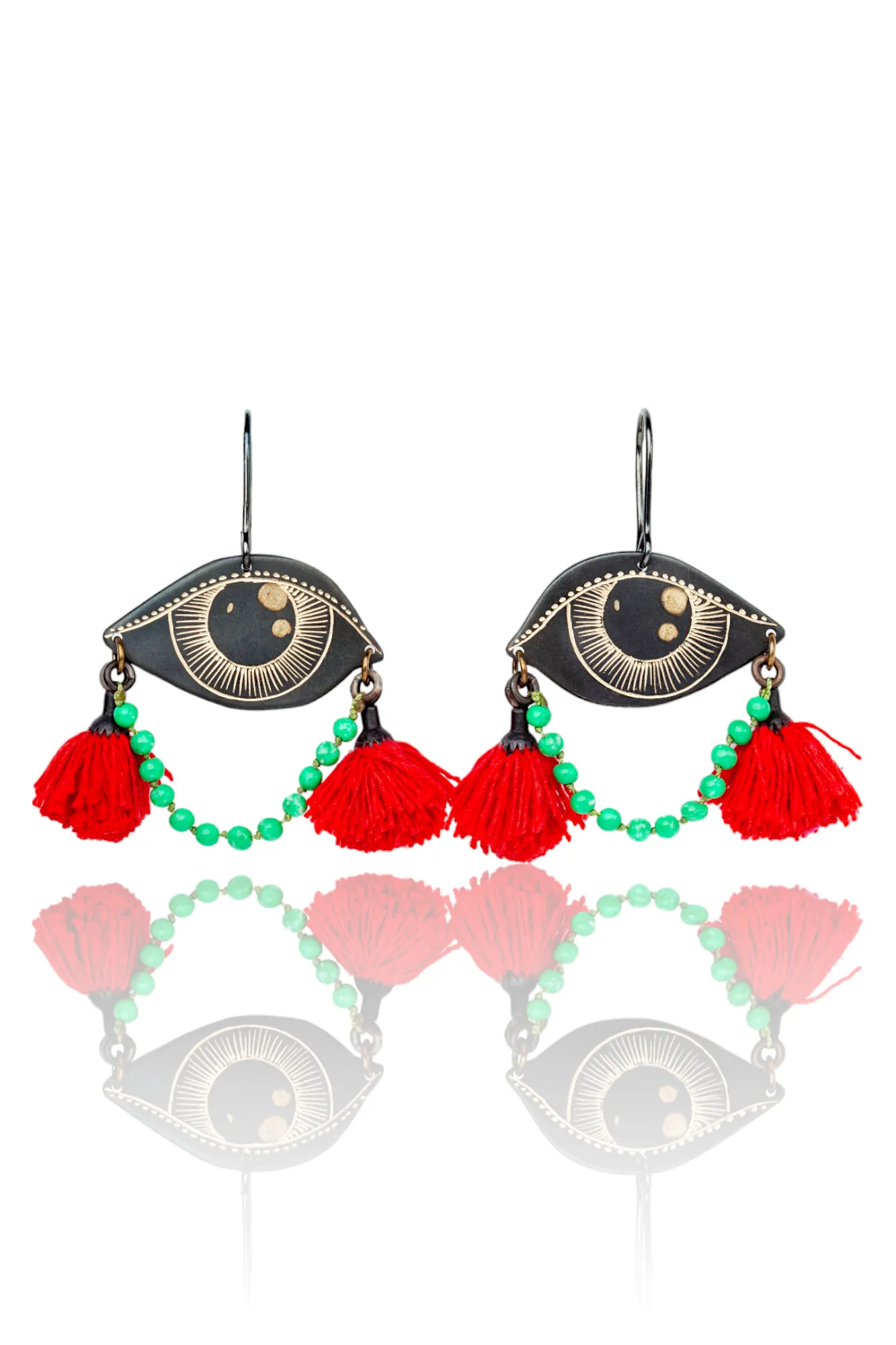 Handmade Jewellery | Eyes handmade earrings with jade and red tassels main