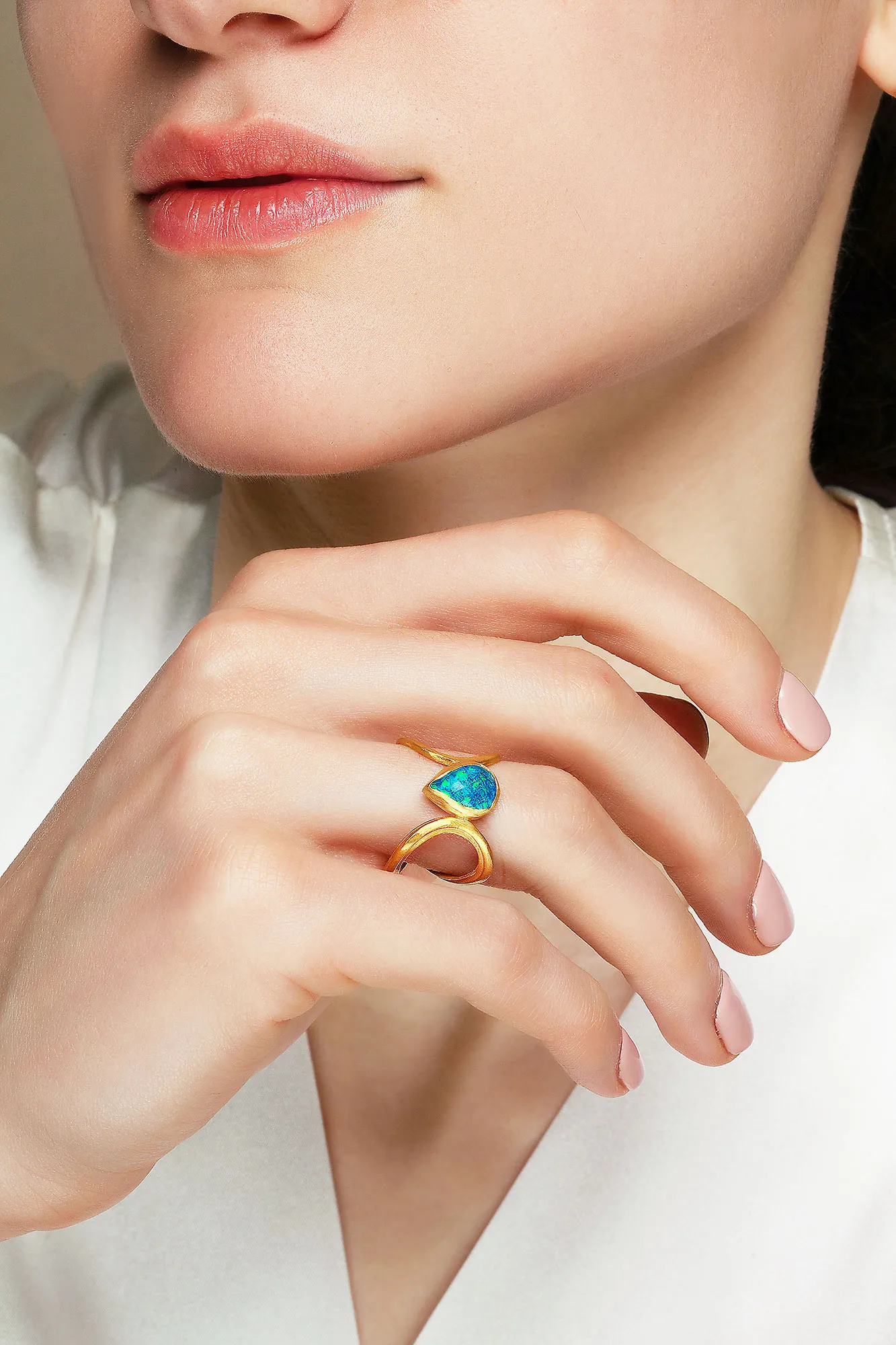 Handmade Jewellery | Paisley handmade gold plated silver ring with blue opal gallery 1