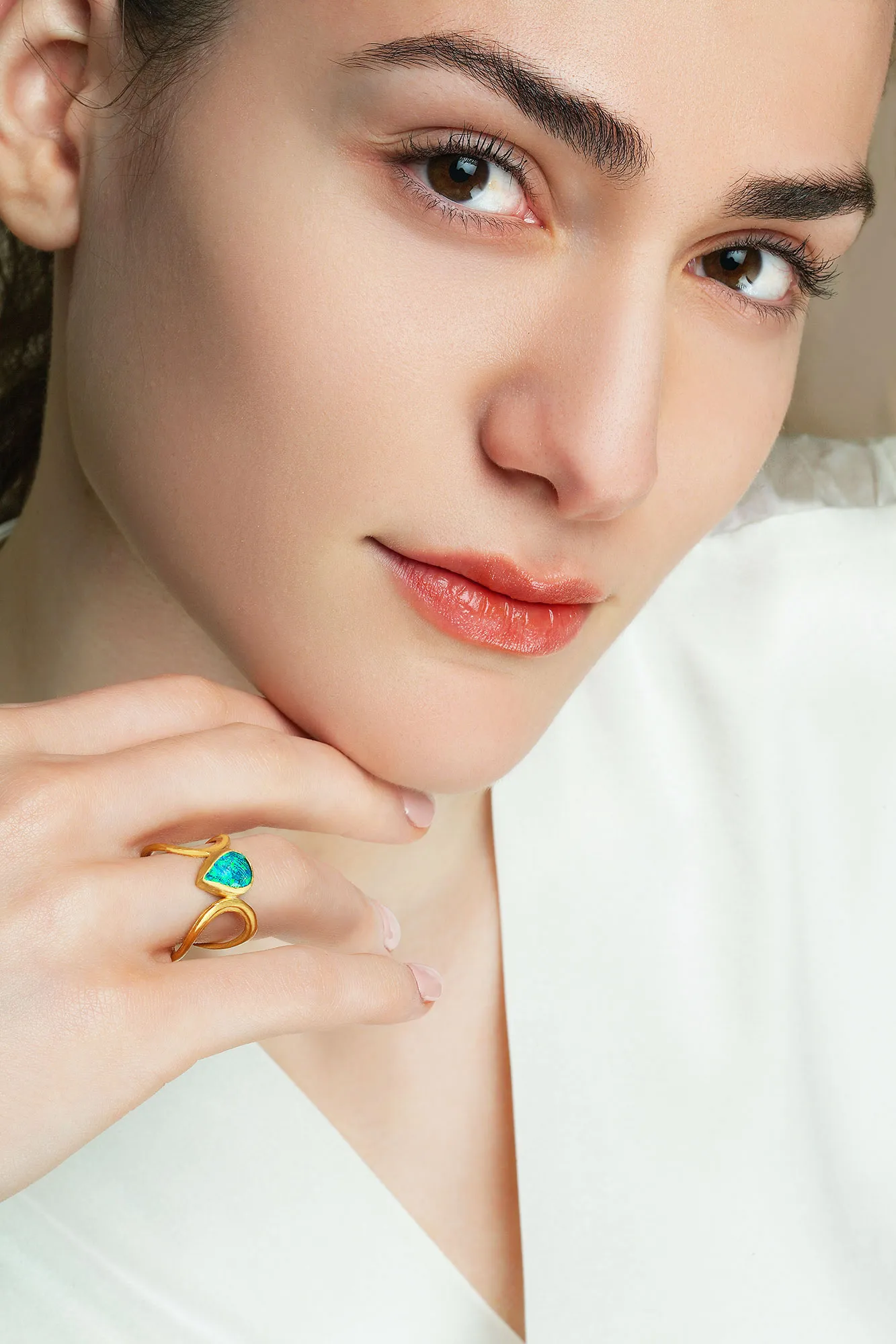 Handmade Jewellery | Paisley handmade gold plated silver ring with blue opal gallery 2