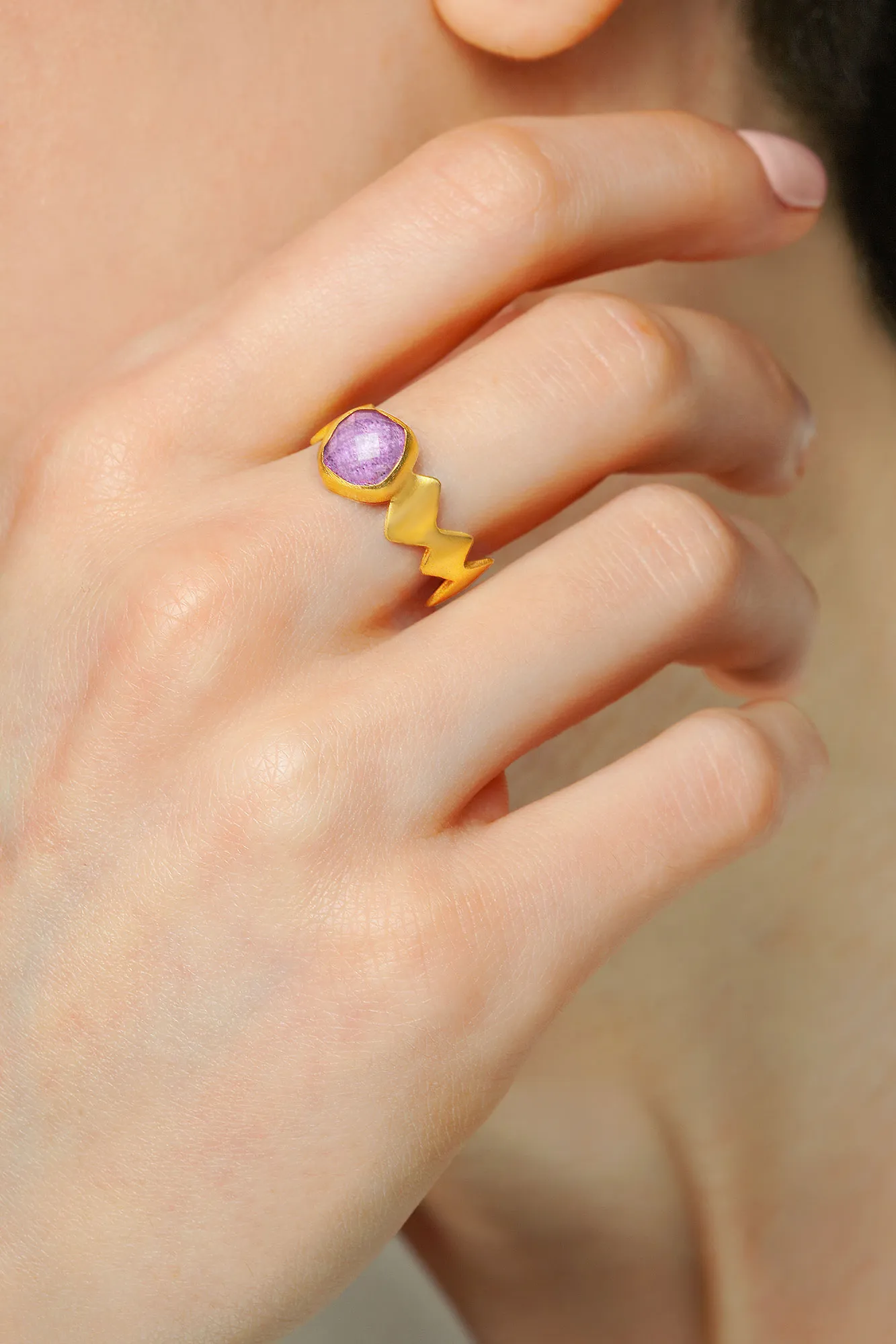 Handmade Jewellery | Ruby geometric gold plated silver ring gallery 1