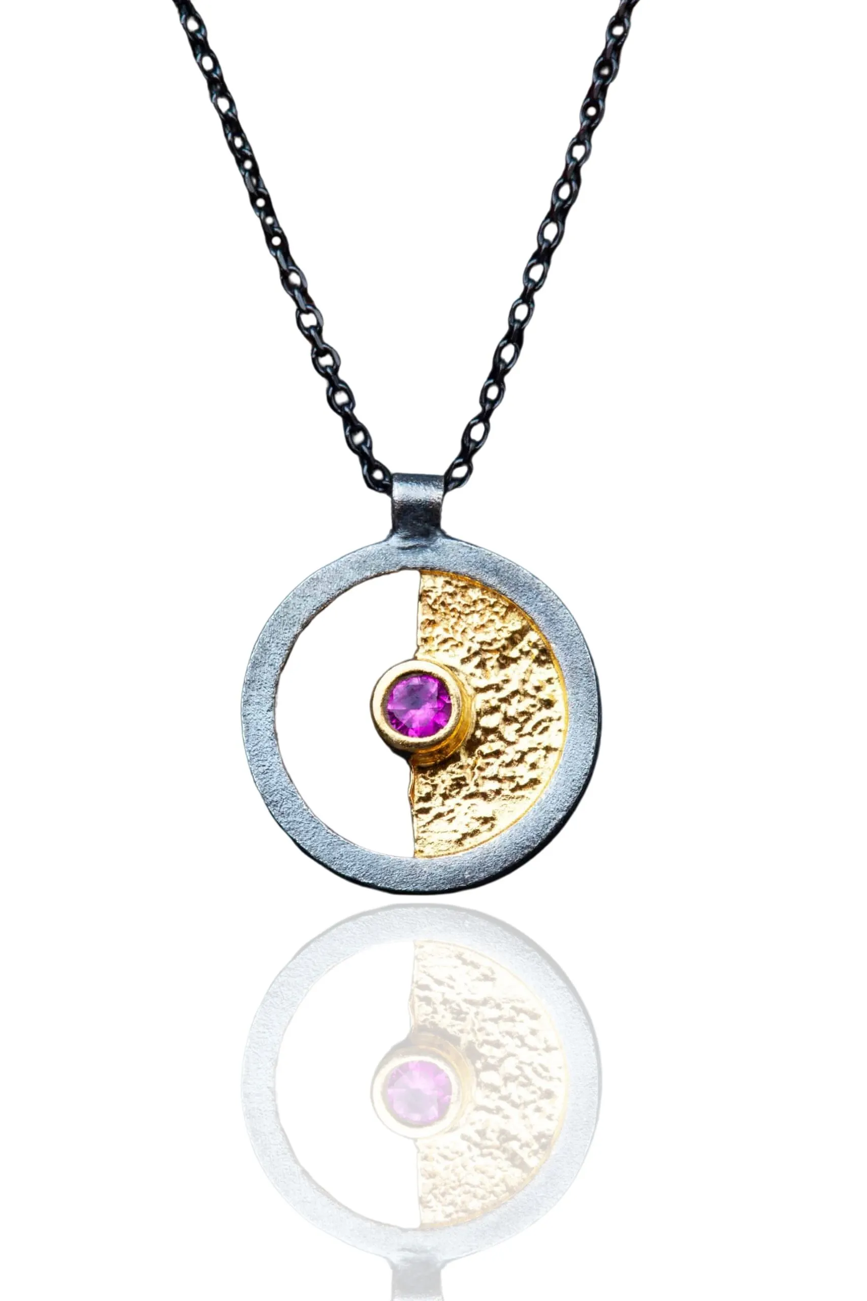 Handmade Jewellery | Round silver black necklace with pink zircon main