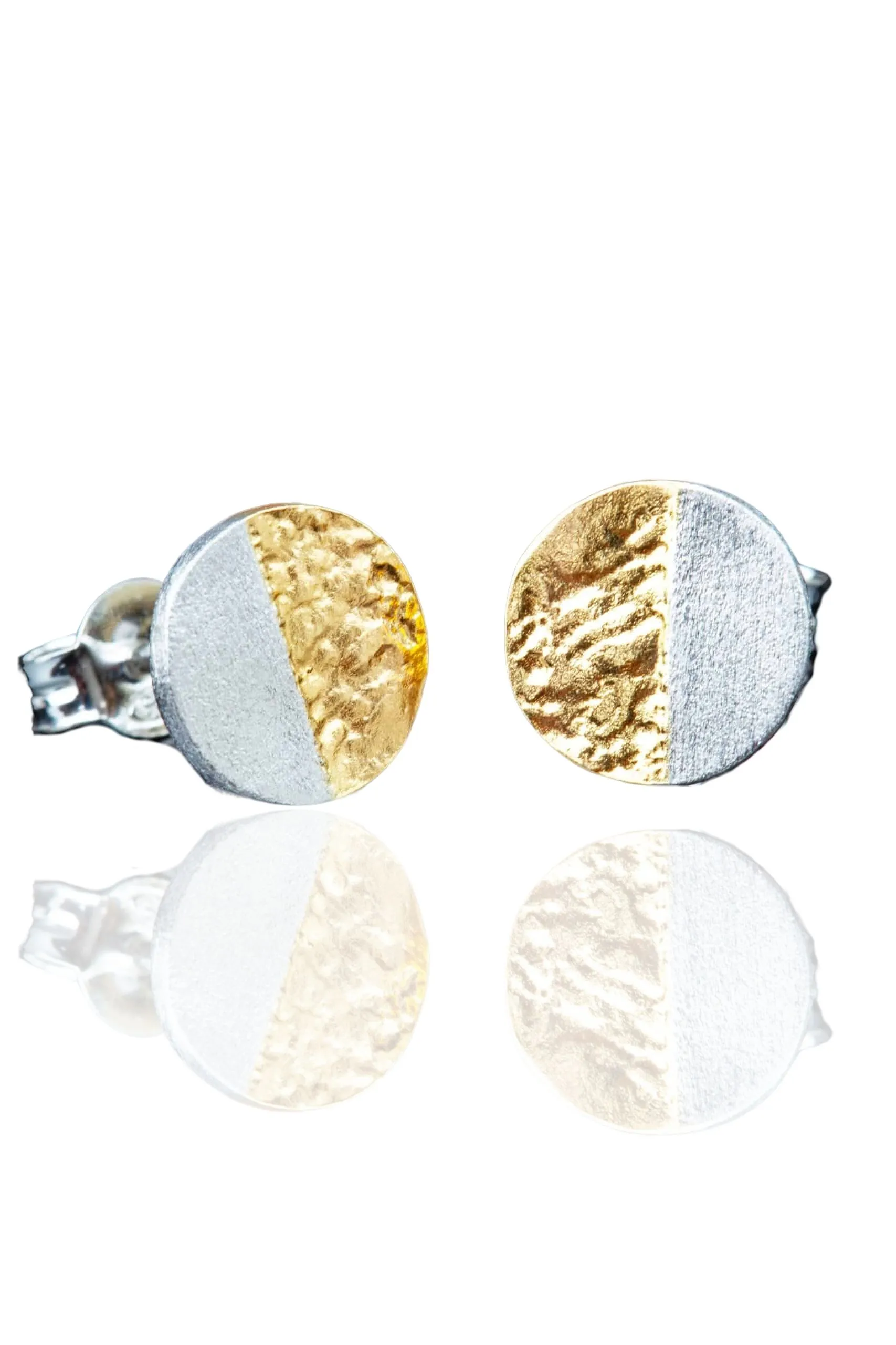 Handmade Jewellery | Round textured silver stud earrings with gold plated details main