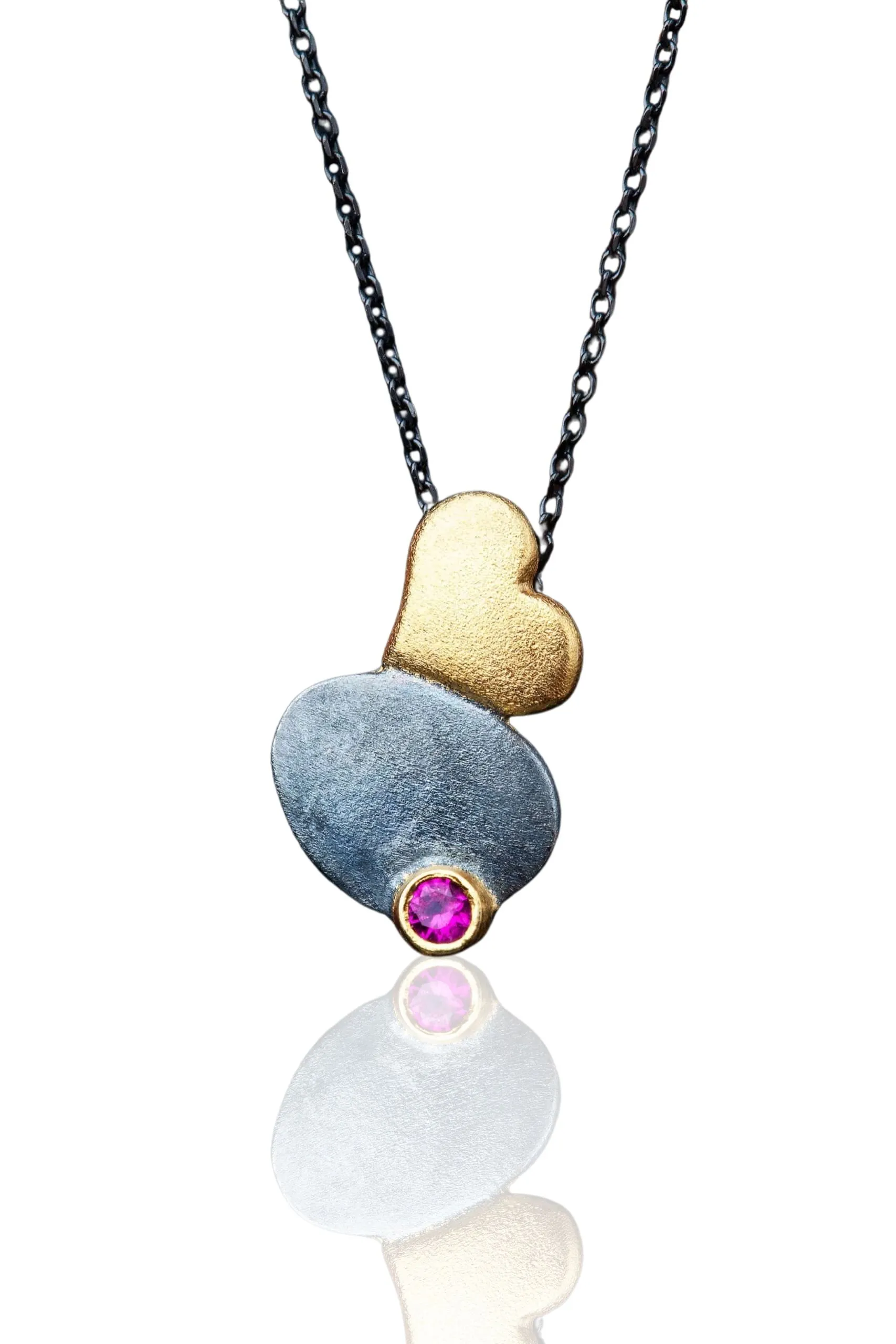 Handmade Jewellery | Heart black silver necklace with pink zircon main