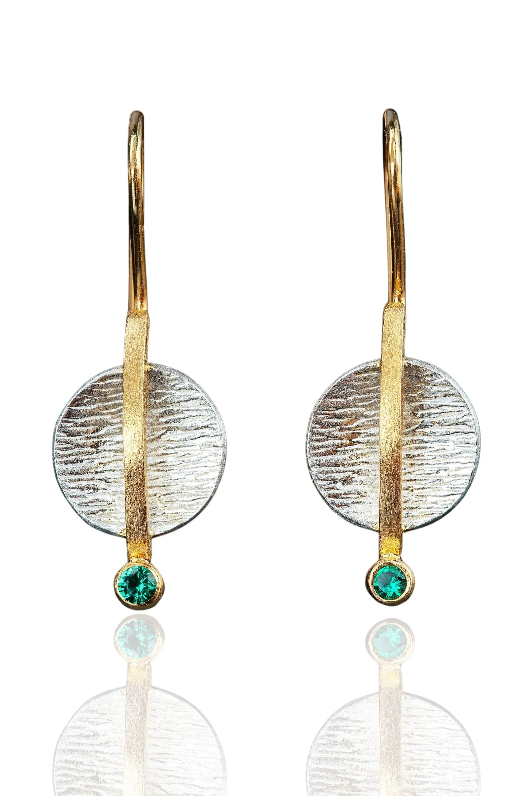 Textured handmade silver earrings with green zircon and gold-plated details