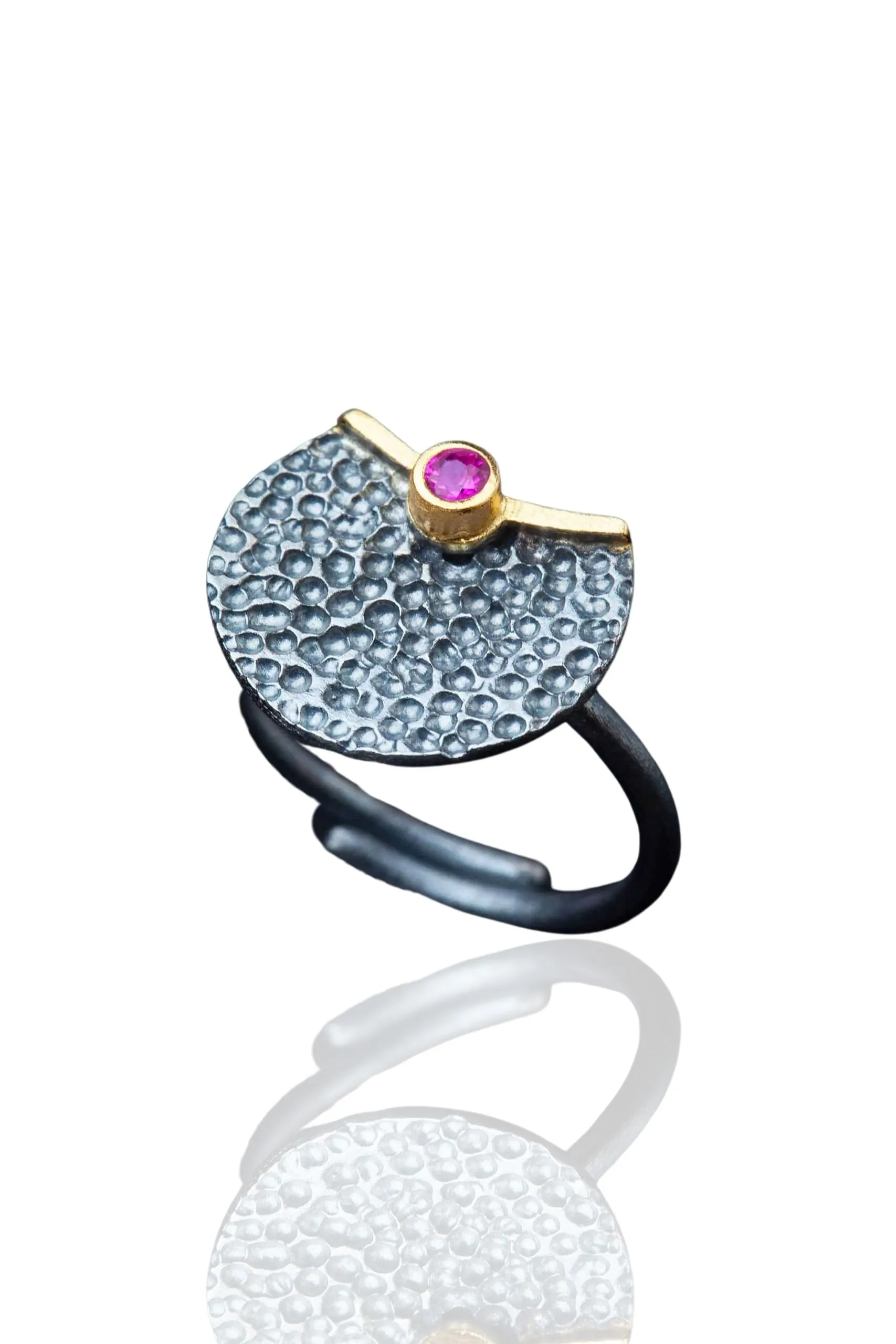 Handmade Jewellery | Silver textured black ring with pink zircon main