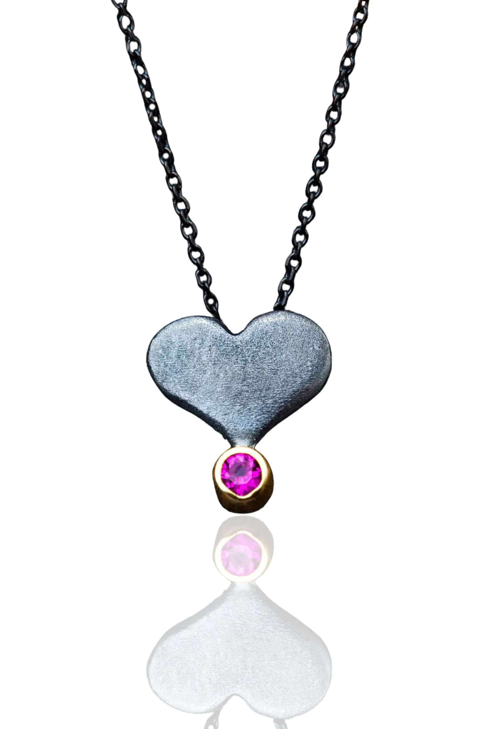 Handmade Jewellery | Heart silver black necklace with pink zircon main