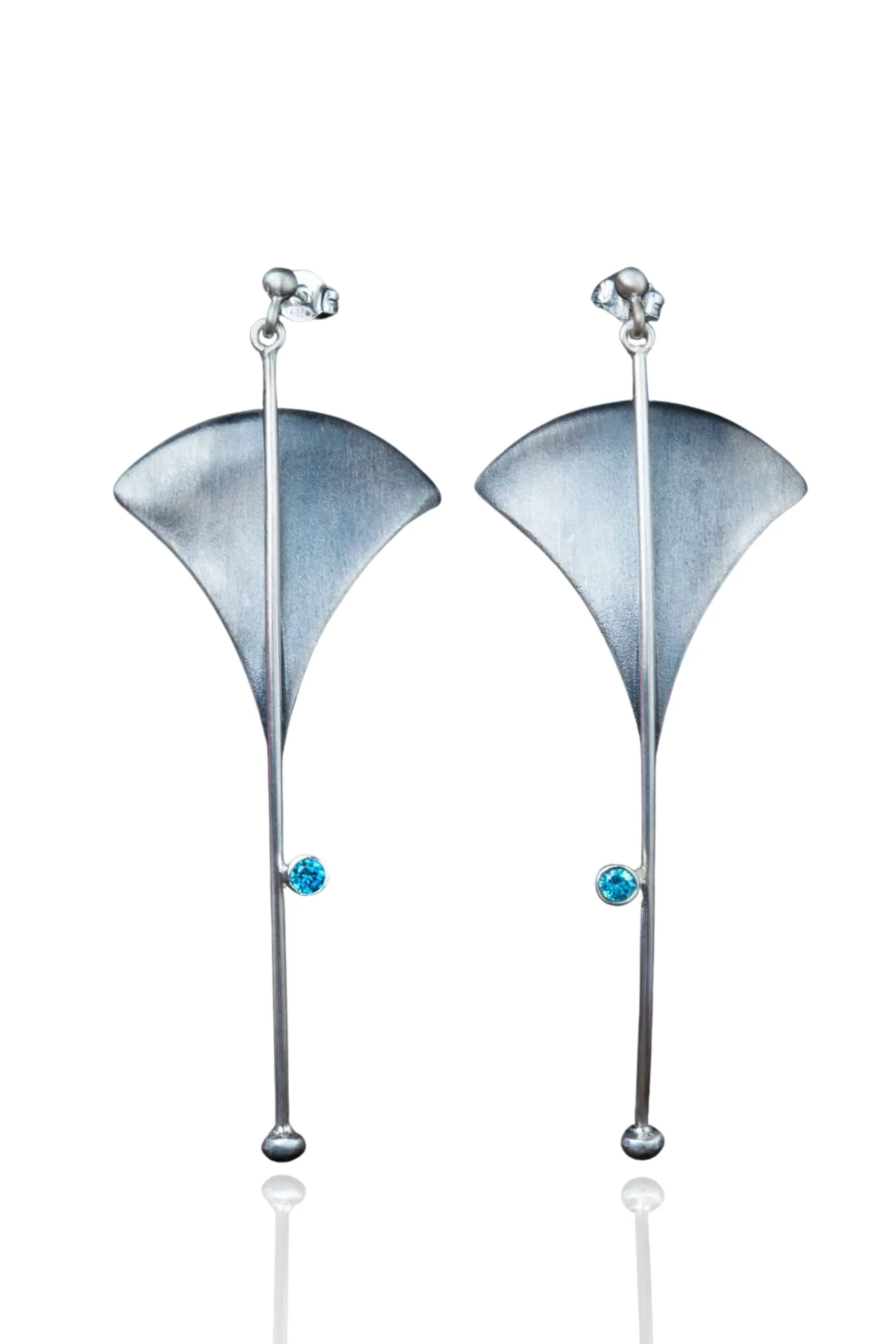 Triangle silver earrings with blue zircon