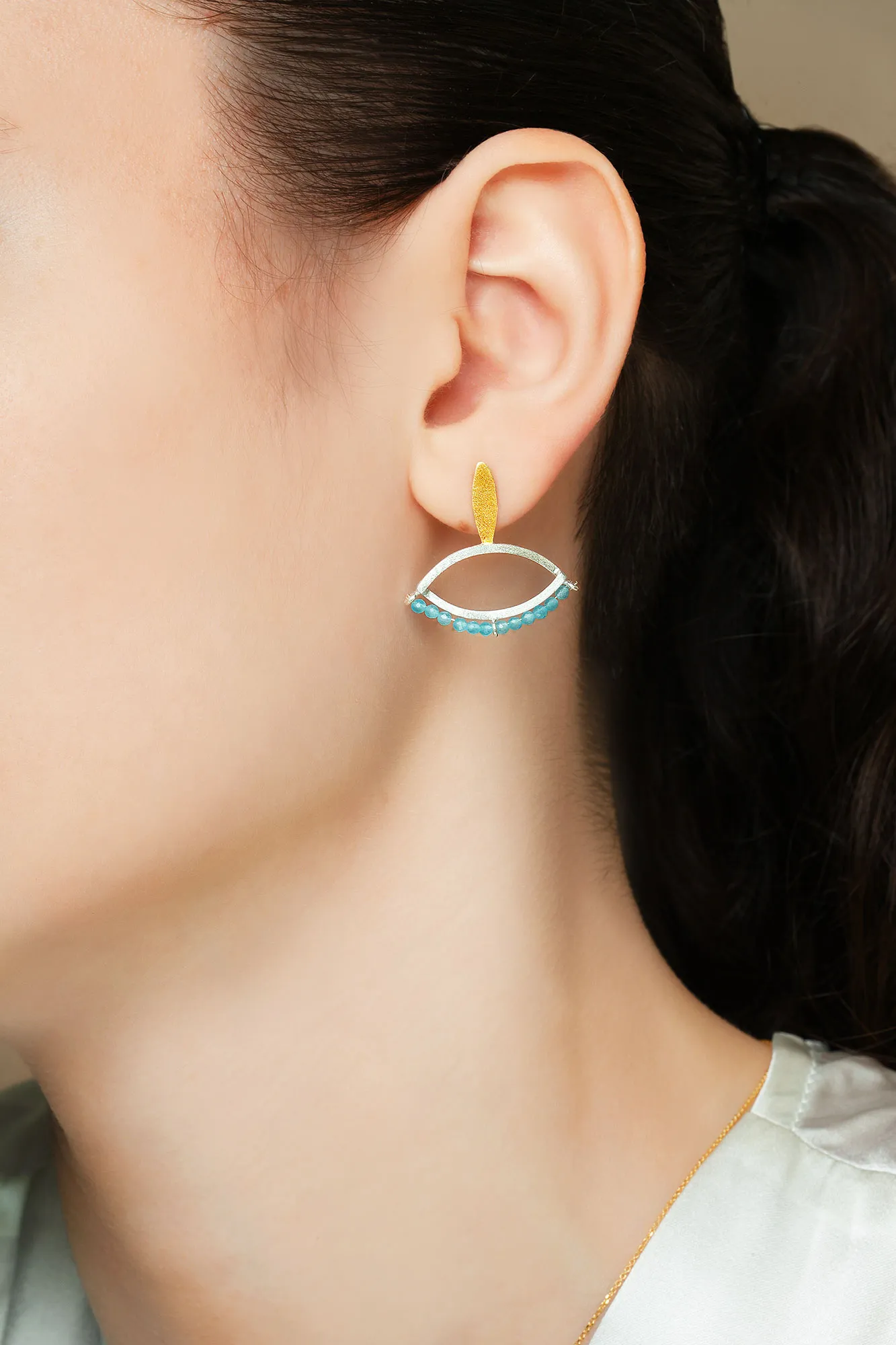 Handmade Jewellery | Minimal eye handmade silver earrings with aqua marine gallery 1