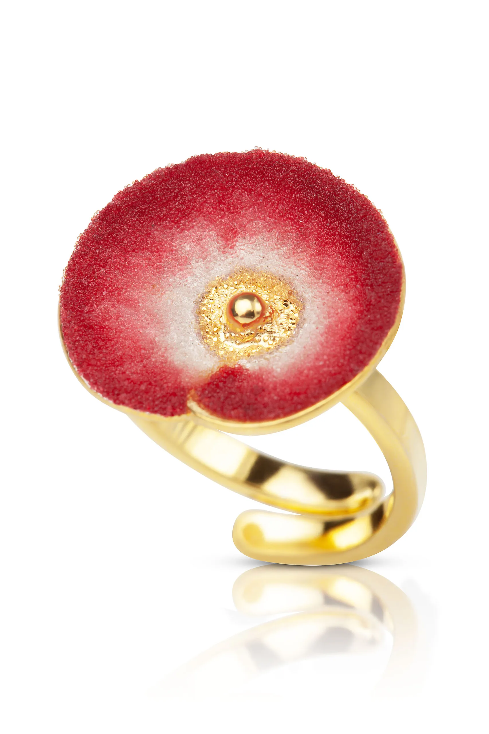 Red flower handmade gold-plated silver ring