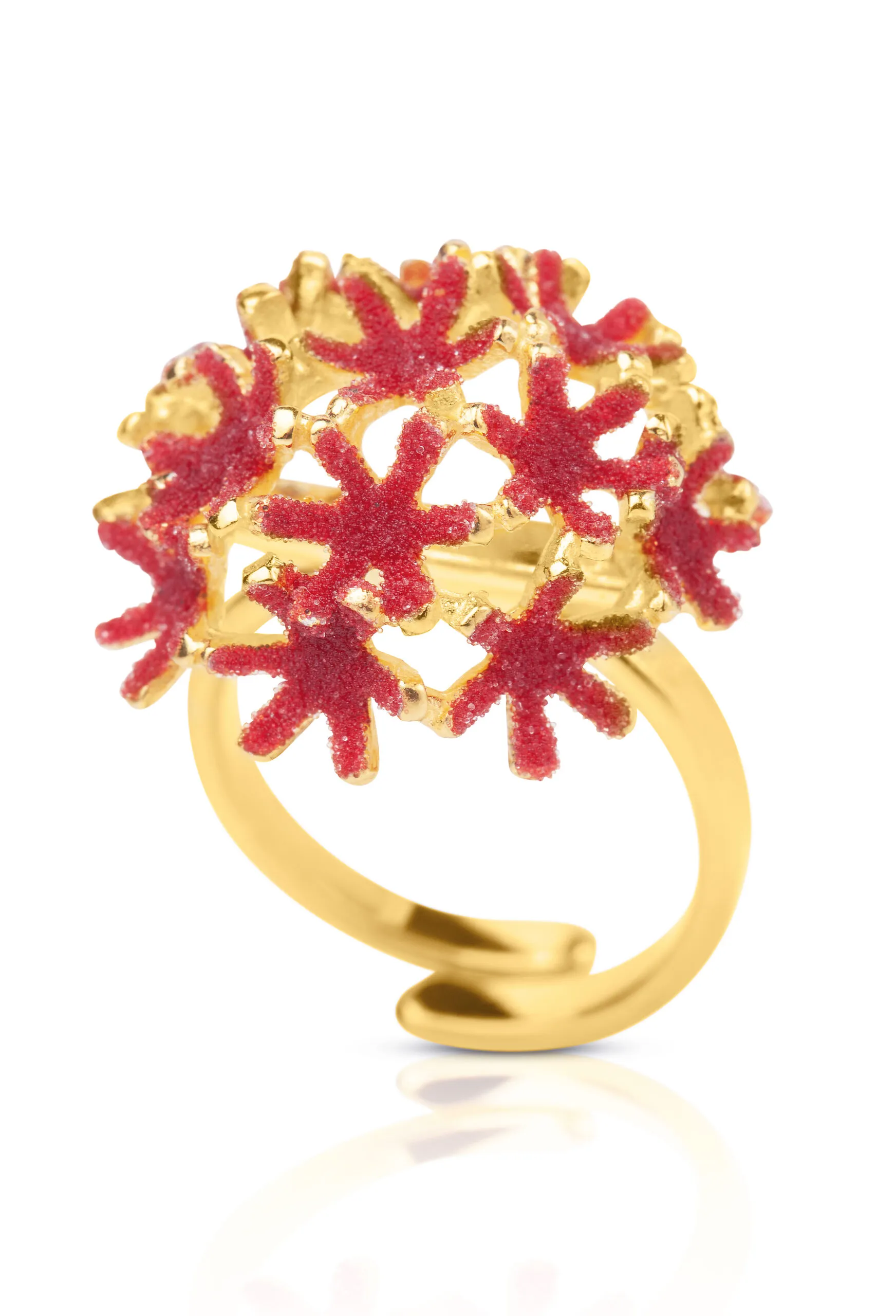 Red flowers’ bouquet handmade gold-plated silver ring