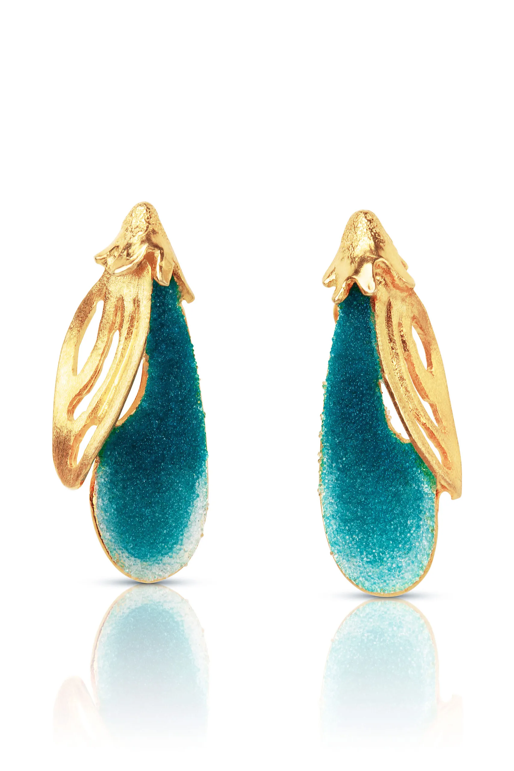 Flower blue handmade gold-plated silver earrings