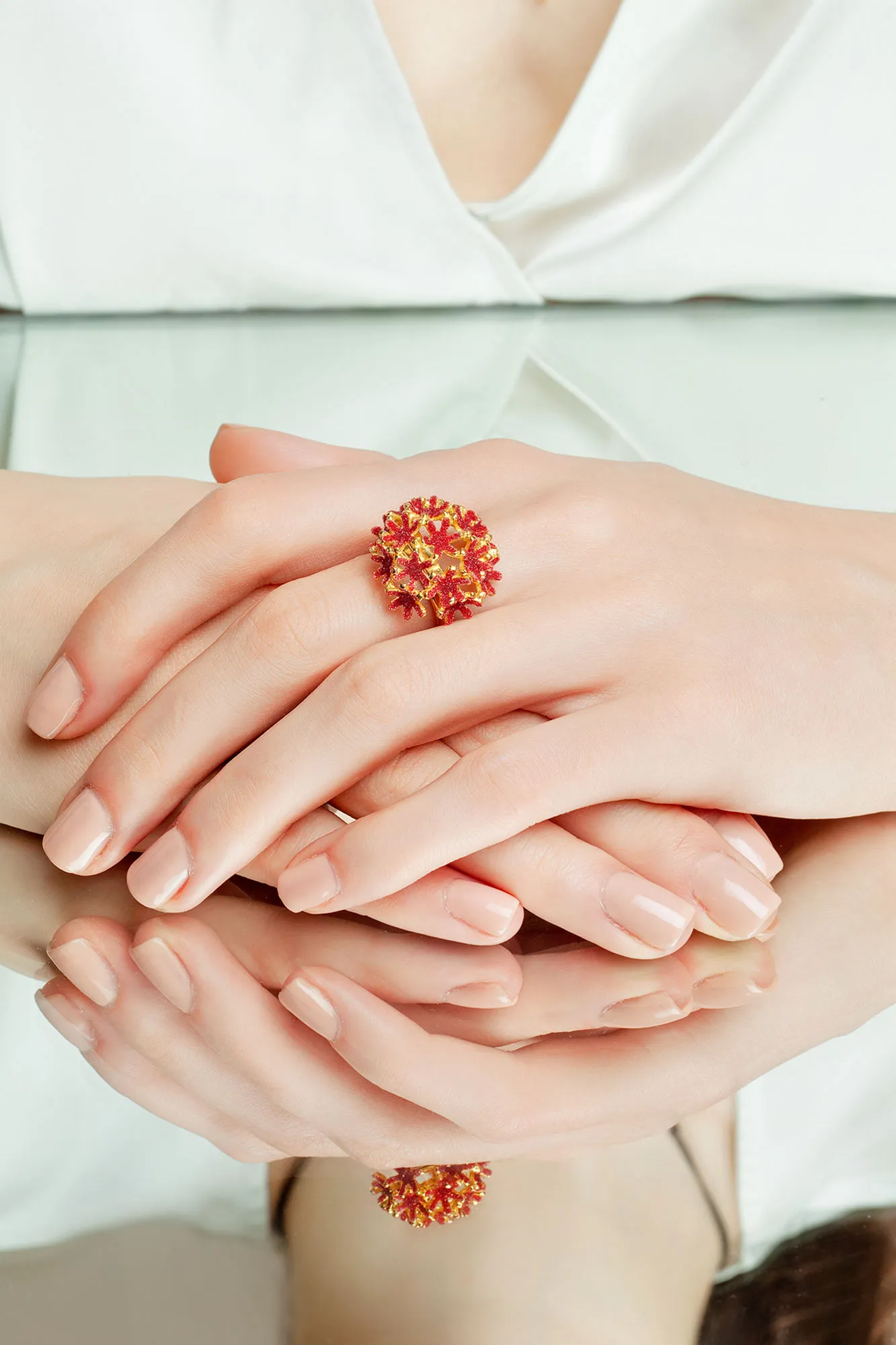 Handmade Jewellery | Red flowers' bouquet handmade gold plated silver ring gallery 1